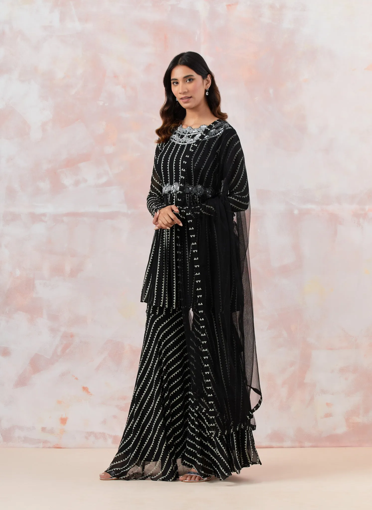 50Z878-RO Black Sequinned Embroidered Sharara Suit Set