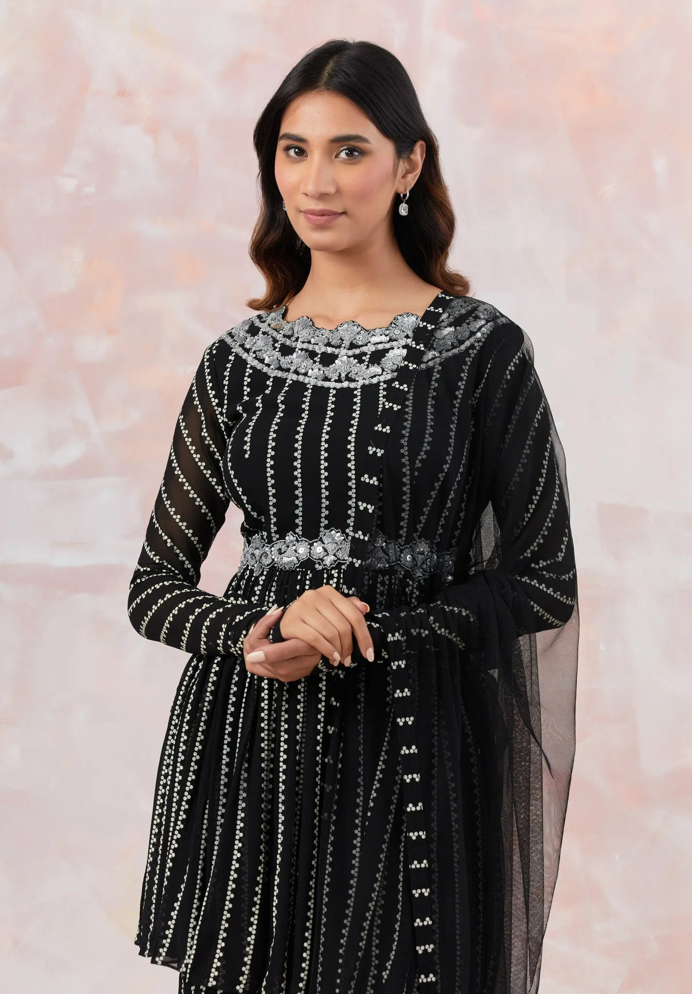 50Z878-RO Black Sequinned Embroidered Sharara Suit Set