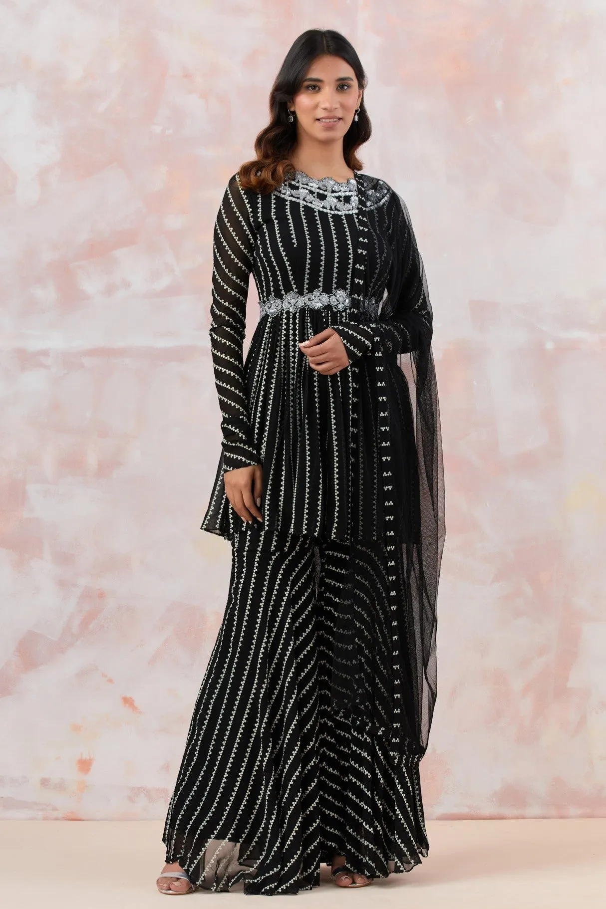 50Z878-RO Black Sequinned Embroidered Sharara Suit Set