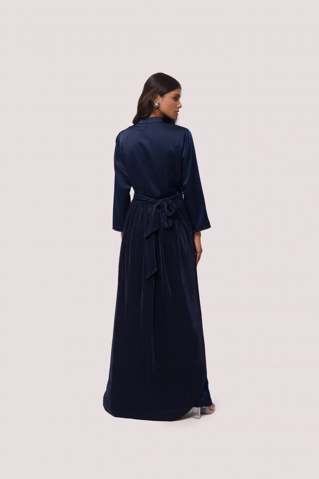 50Z971-RO Navy Silk Indowestern Dress With Embroidered Belt