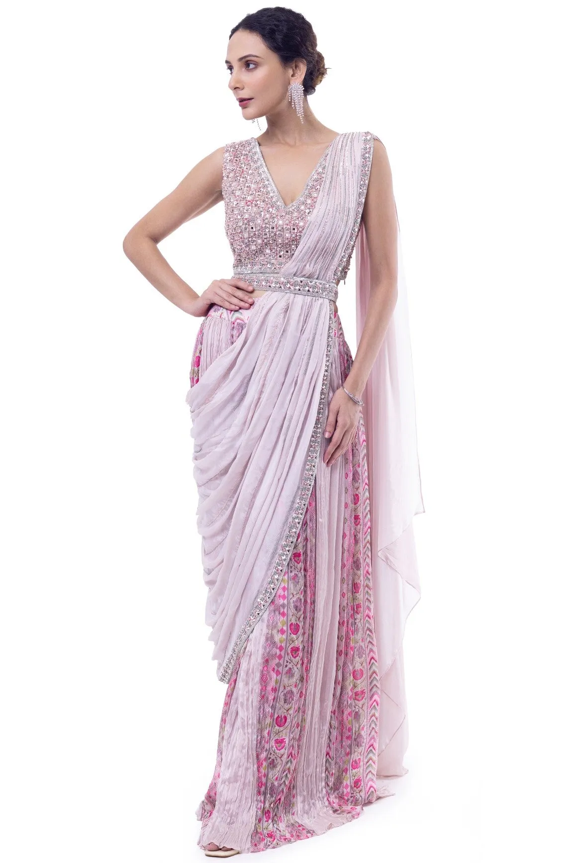 90Y009-RO Light Pink Pre Draped Chiffon Saree with Blouse