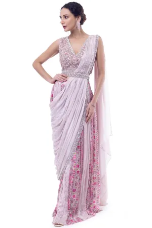 90Y009-RO Light Pink Pre Draped Chiffon Saree with Blouse