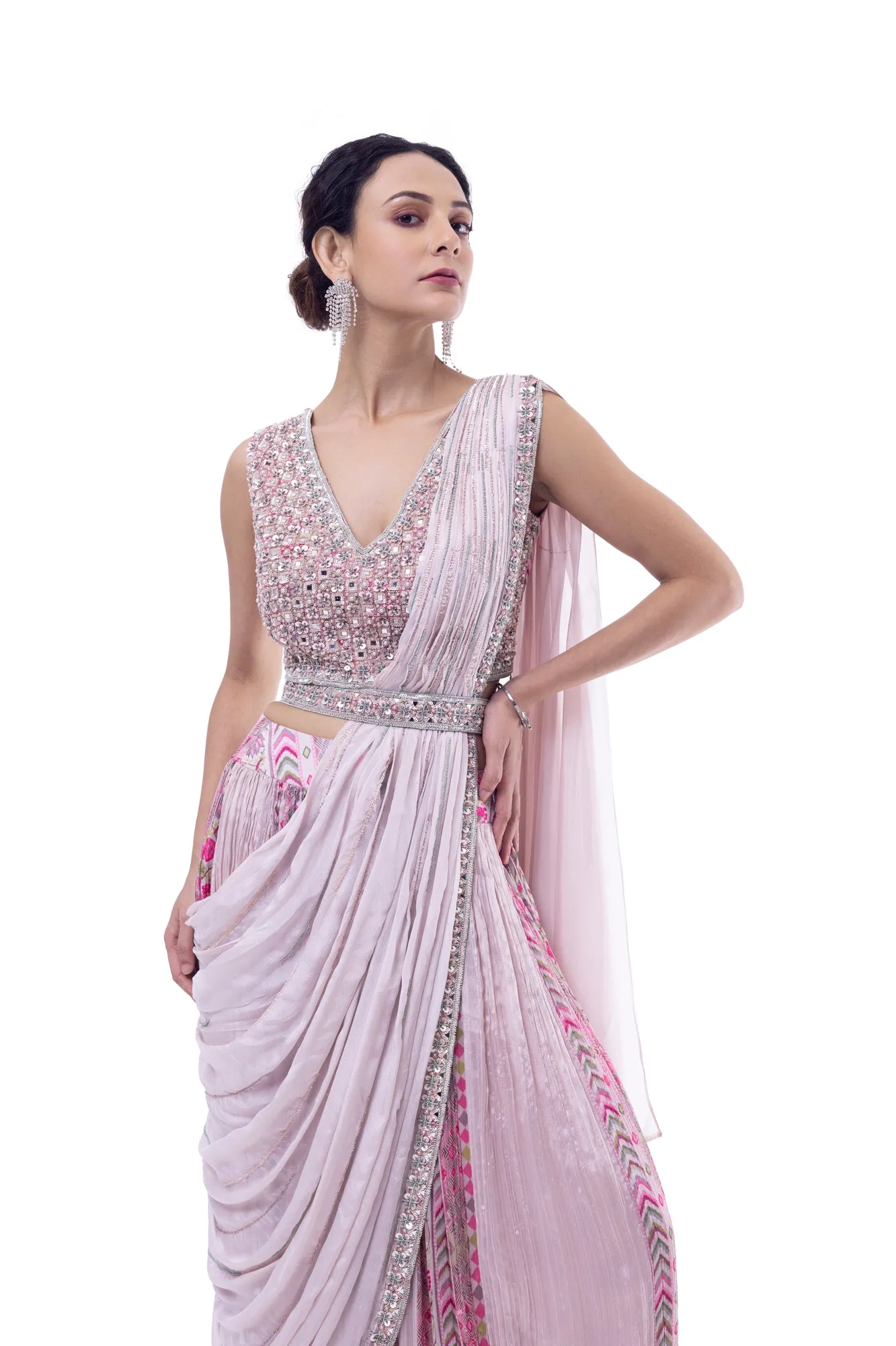 90Y009-RO Light Pink Pre Draped Chiffon Saree with Blouse