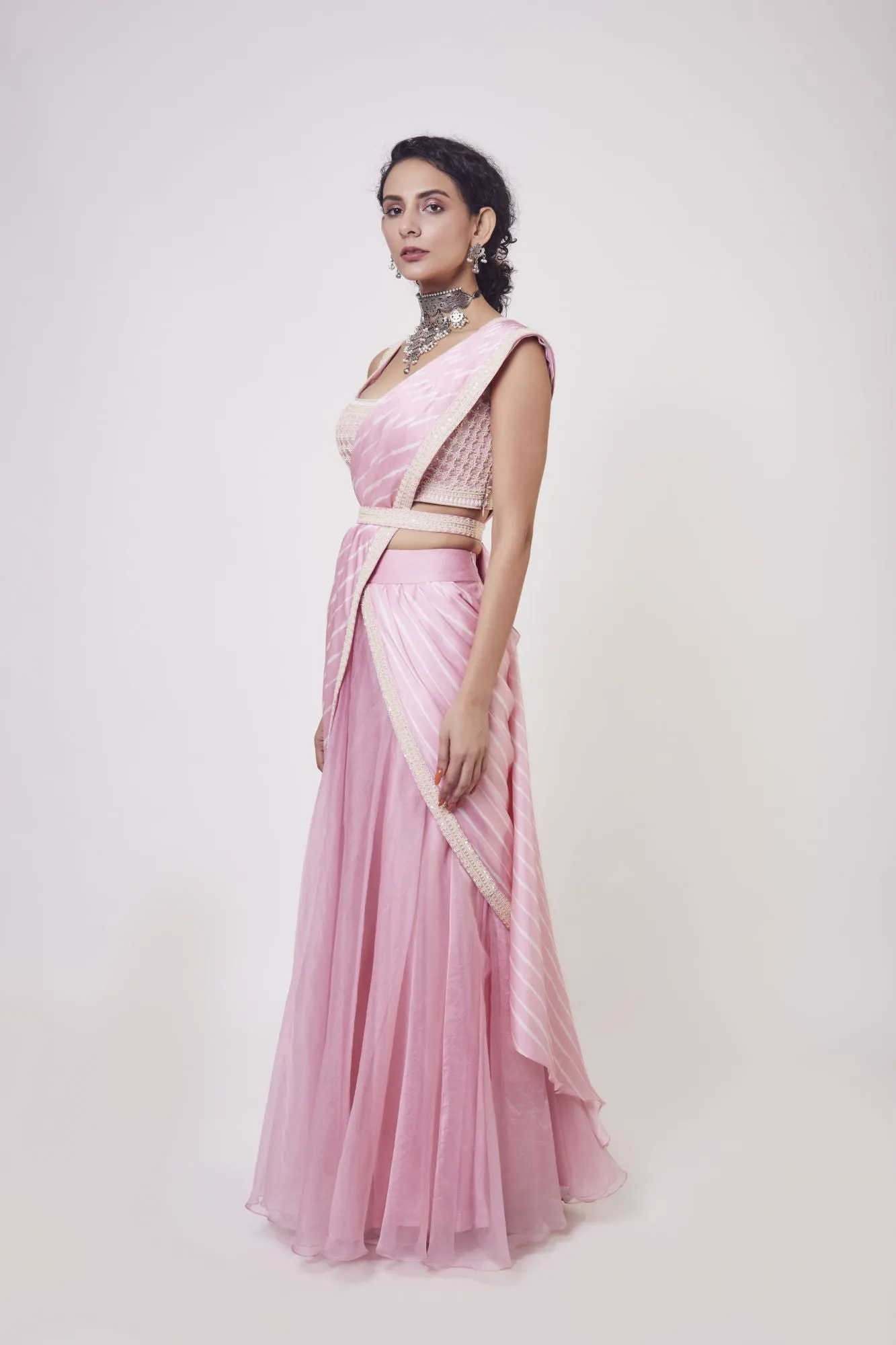 90Z926-RO Light Pink Drape Saree Embroidered With Sequence Work