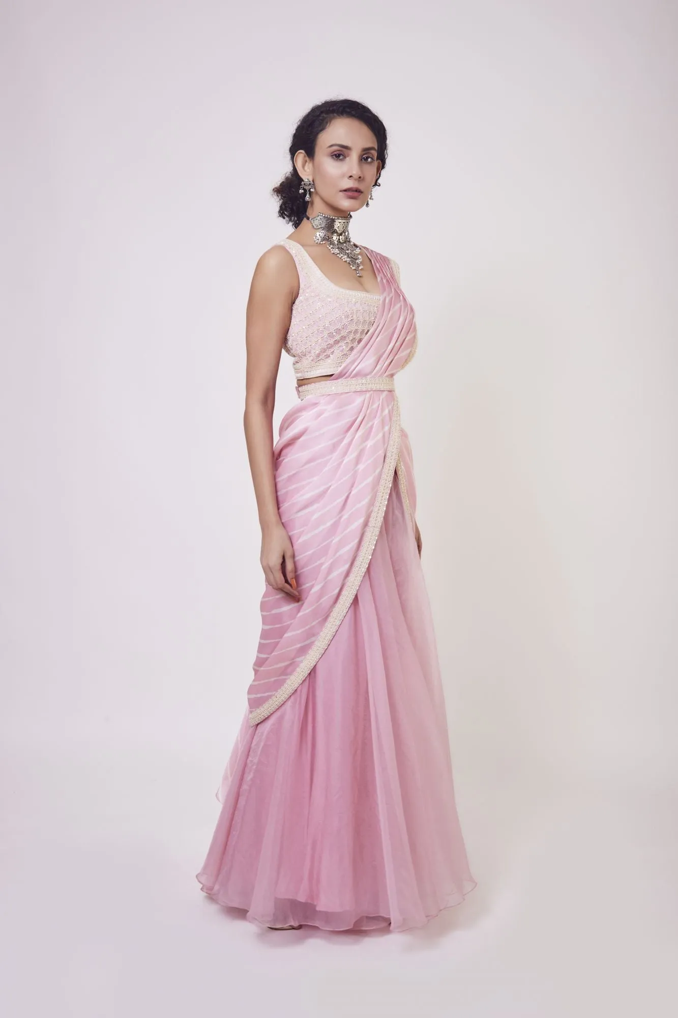 90Z926-RO Light Pink Drape Saree Embroidered With Sequence Work