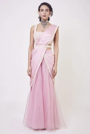 90Z926-RO Light Pink Drape Saree Embroidered With Sequence Work