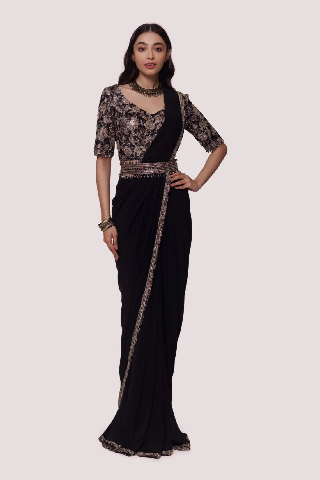 90Z968-RO Black Net Saree With Velvet Blouse