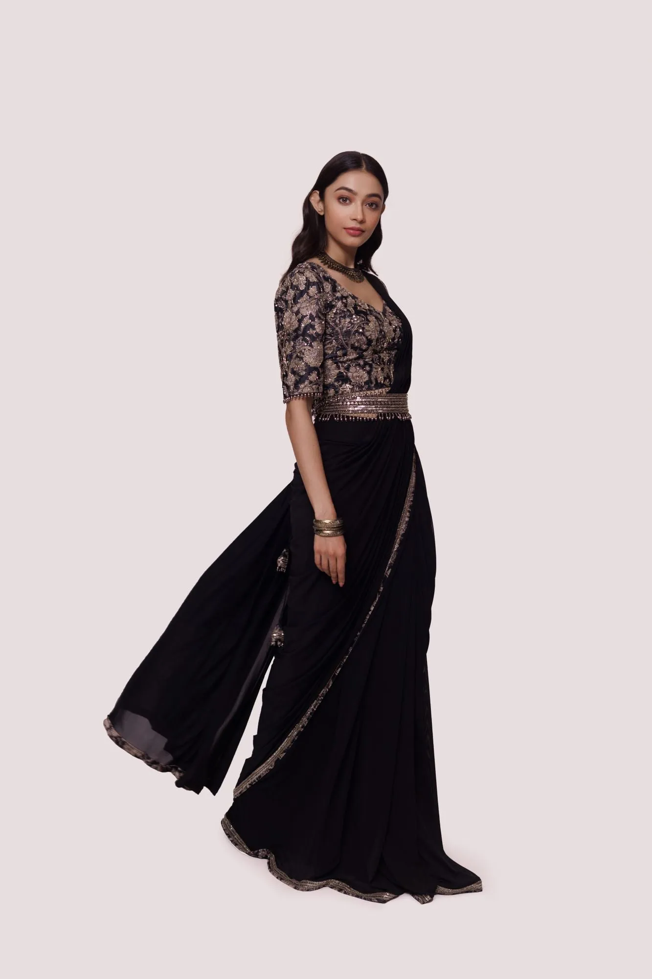 90Z968-RO Black Net Saree With Velvet Blouse