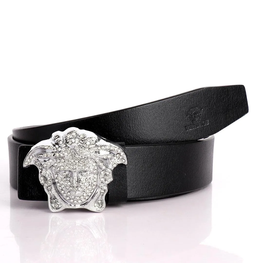 Authentic Versace Medusa Swarovski Silver Crystal Genuine Leather Black Belt