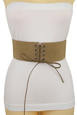 Beige Camel Faux Suede Leather Elastic Corset Fashion Belt Hip High Waist Fit Size S M