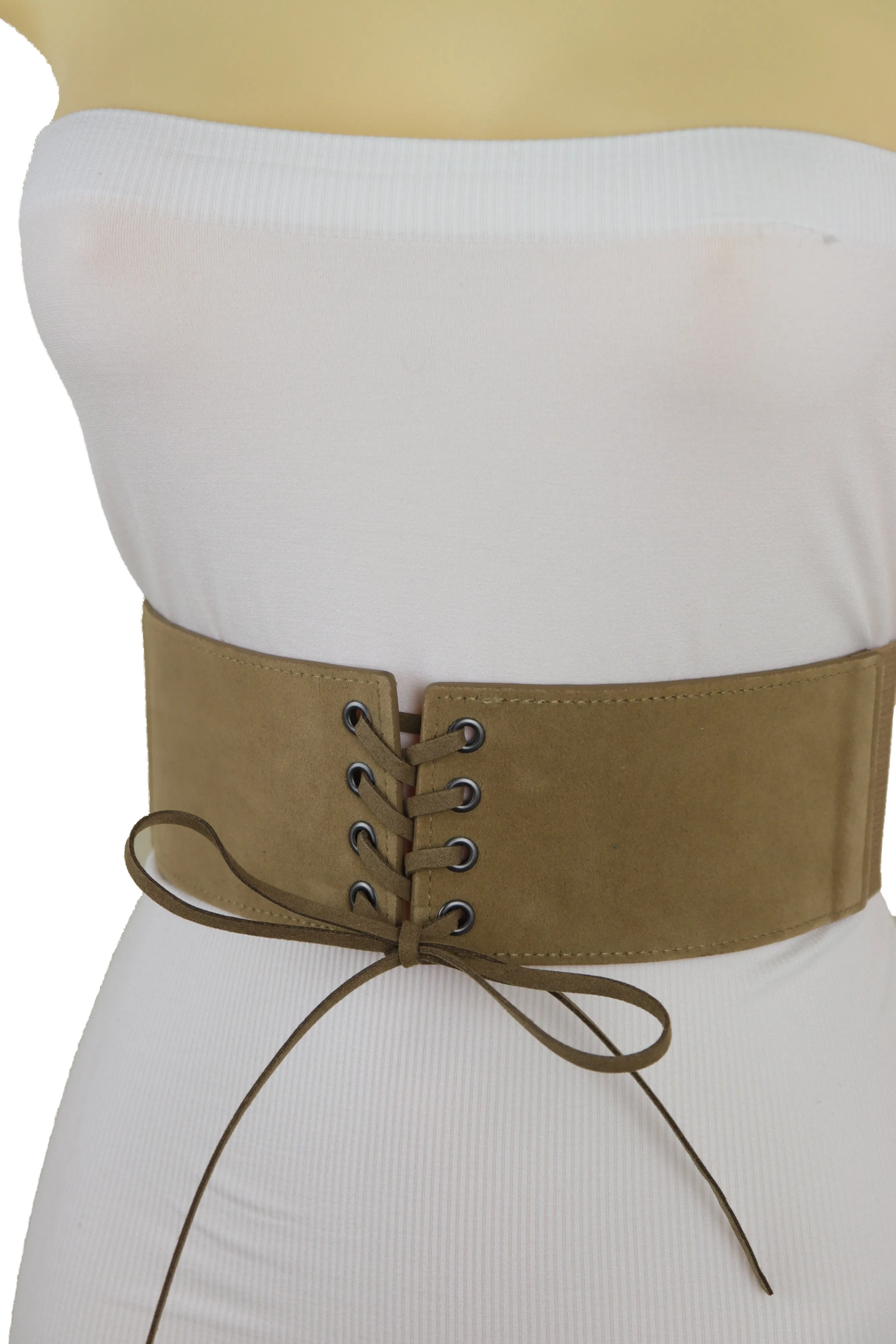 Beige Camel Faux Suede Leather Elastic Corset Fashion Belt Hip High Waist Fit Size S M