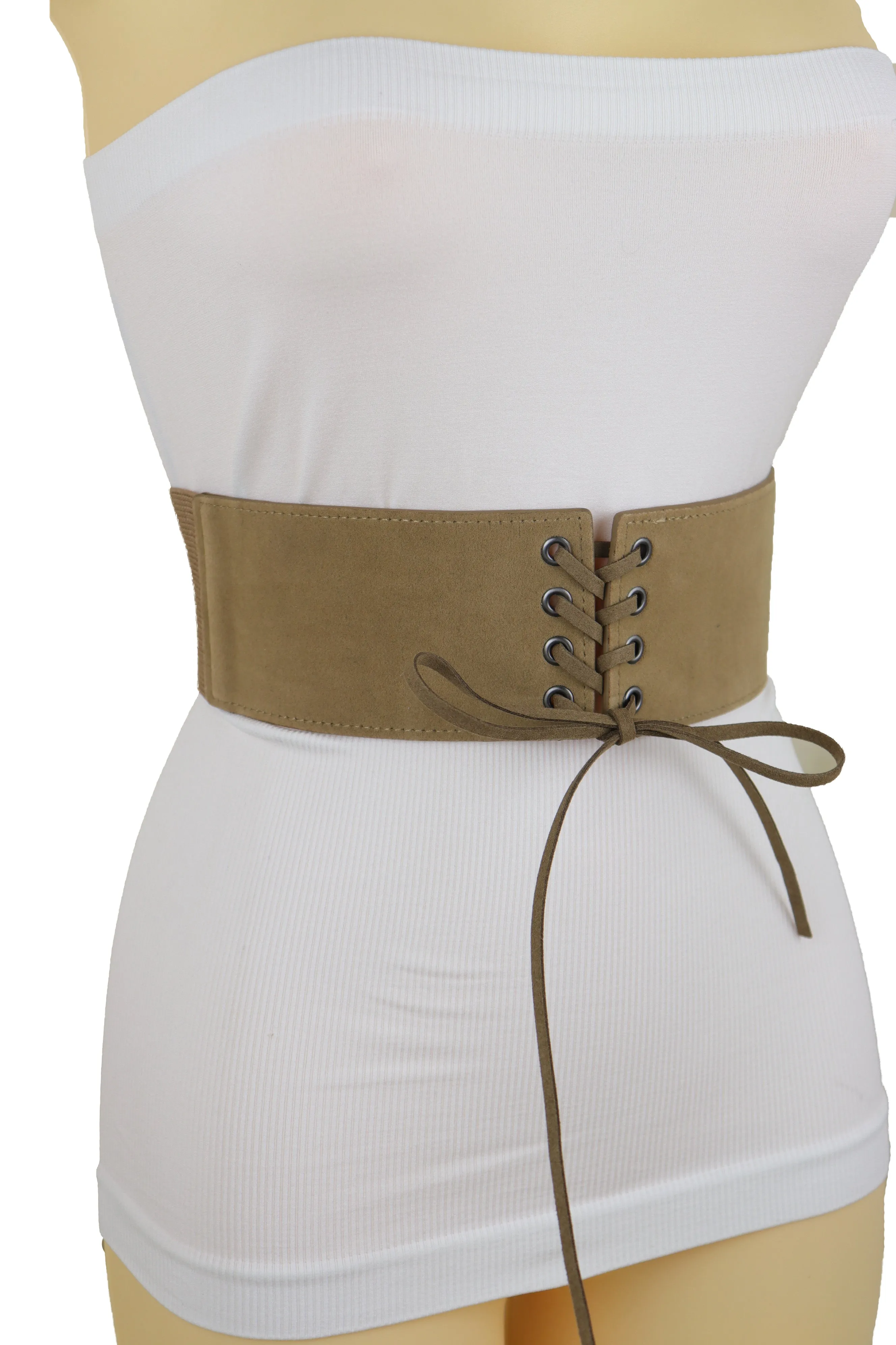 Beige Camel Faux Suede Leather Elastic Corset Fashion Belt Hip High Waist Fit Size S M