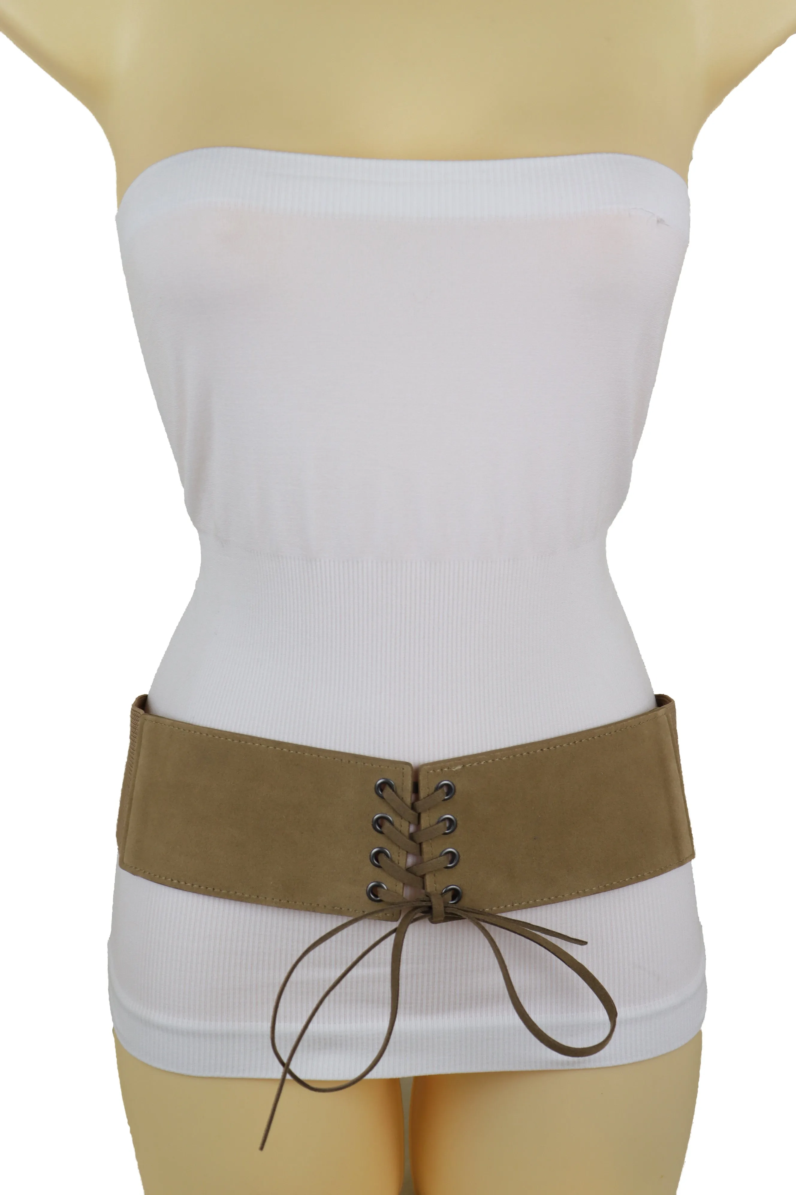 Beige Camel Faux Suede Leather Elastic Corset Fashion Belt Hip High Waist Fit Size S M