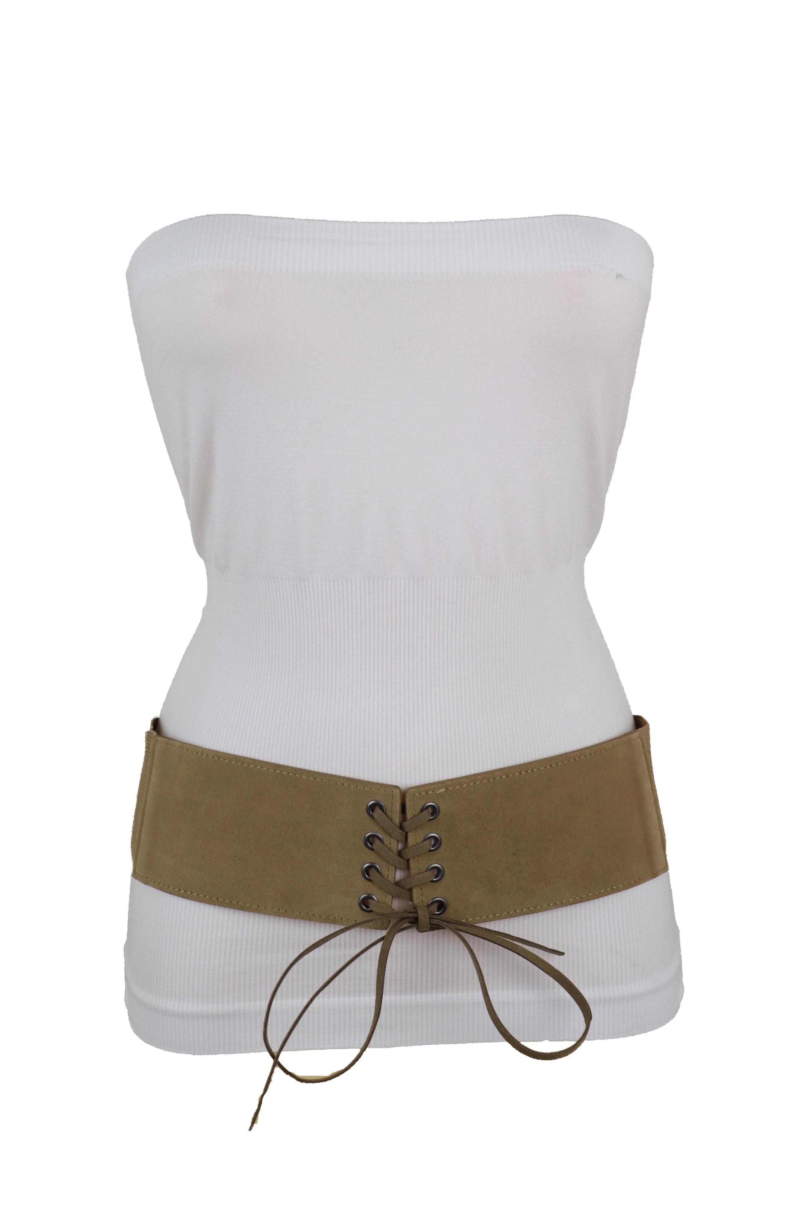 Beige Camel Faux Suede Leather Elastic Corset Fashion Belt Hip High Waist Fit Size S M