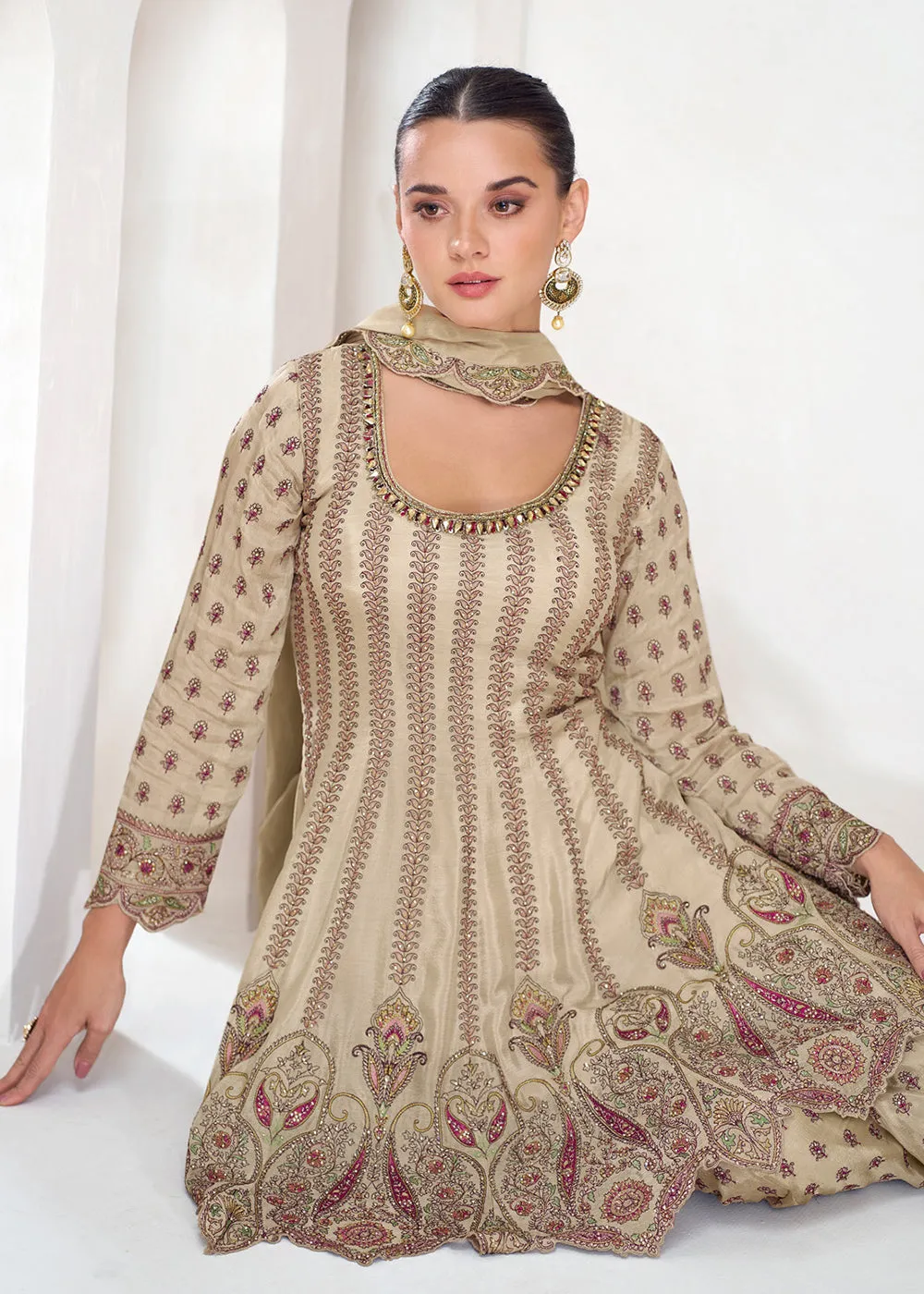 Beige Festive Style Embroidered Trendy Gharara Suit