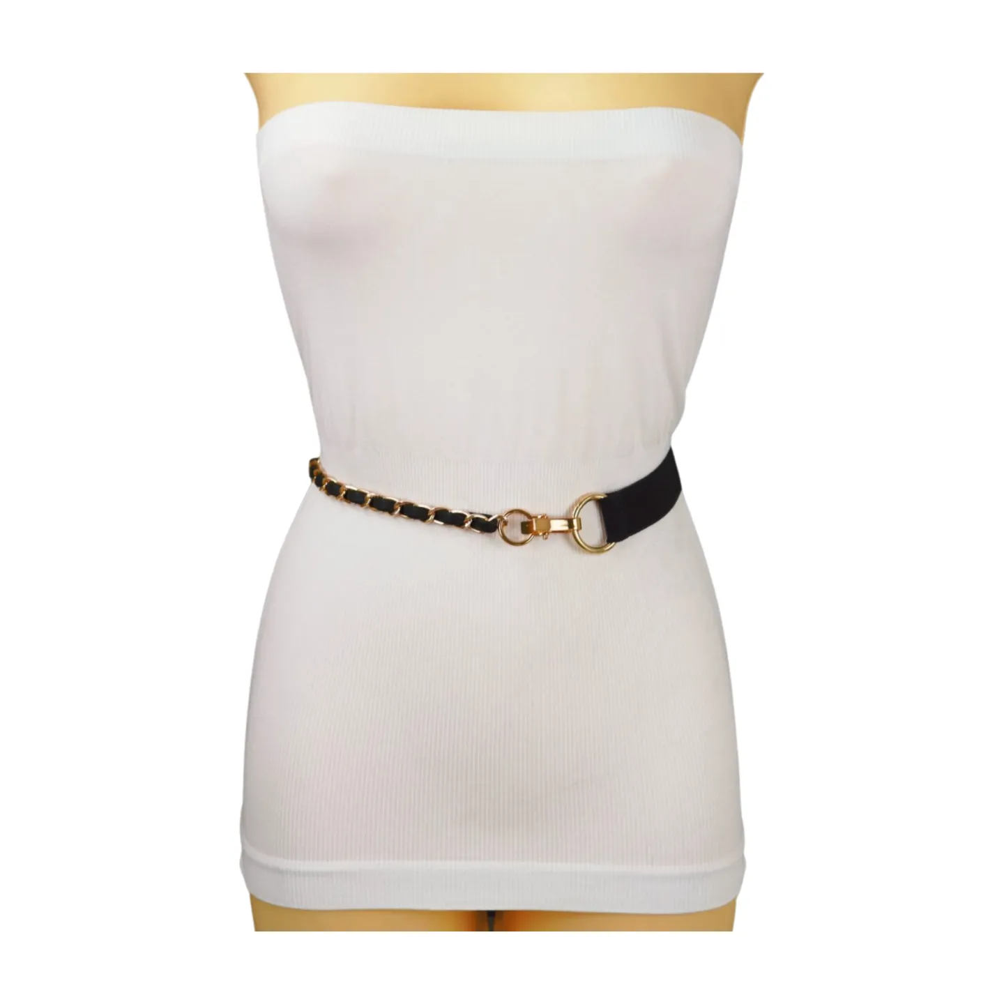 Black Elastic Band Belt Gold Metal Chain S M