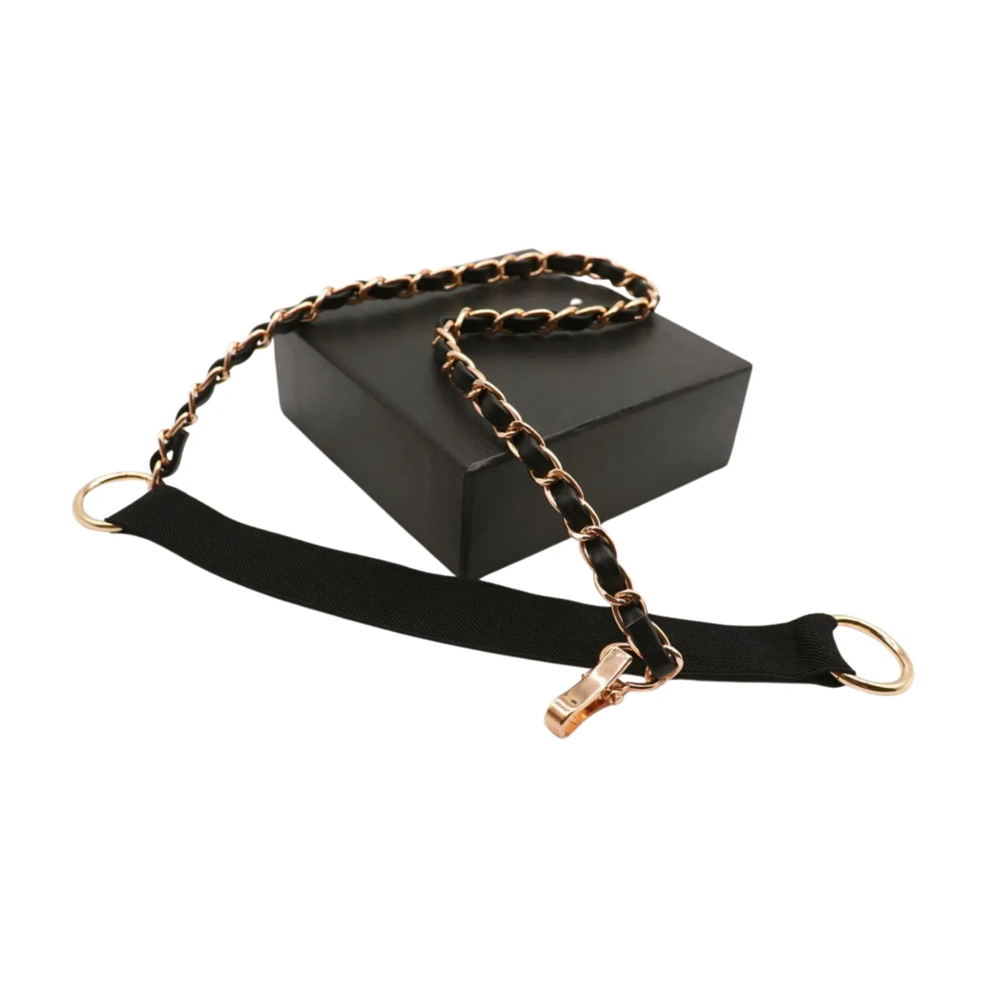 Black Elastic Band Belt Gold Metal Chain S M