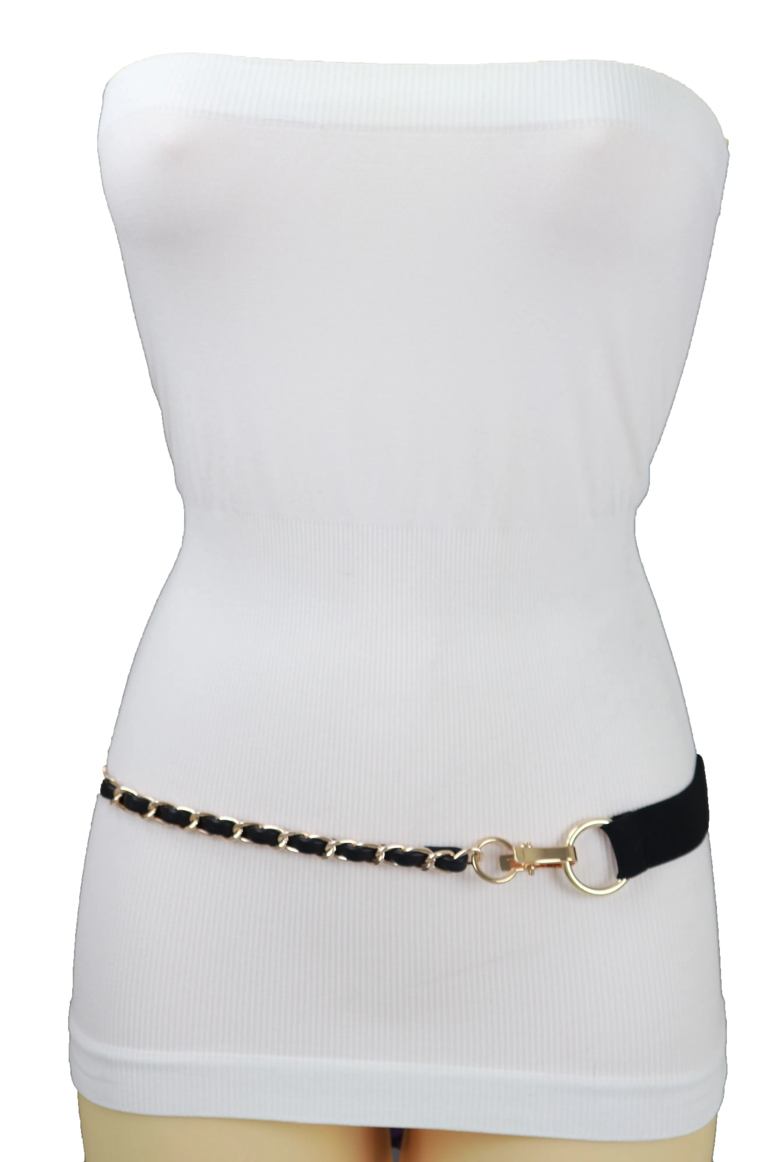 Black Elastic Band Belt Gold Metal Chain S M