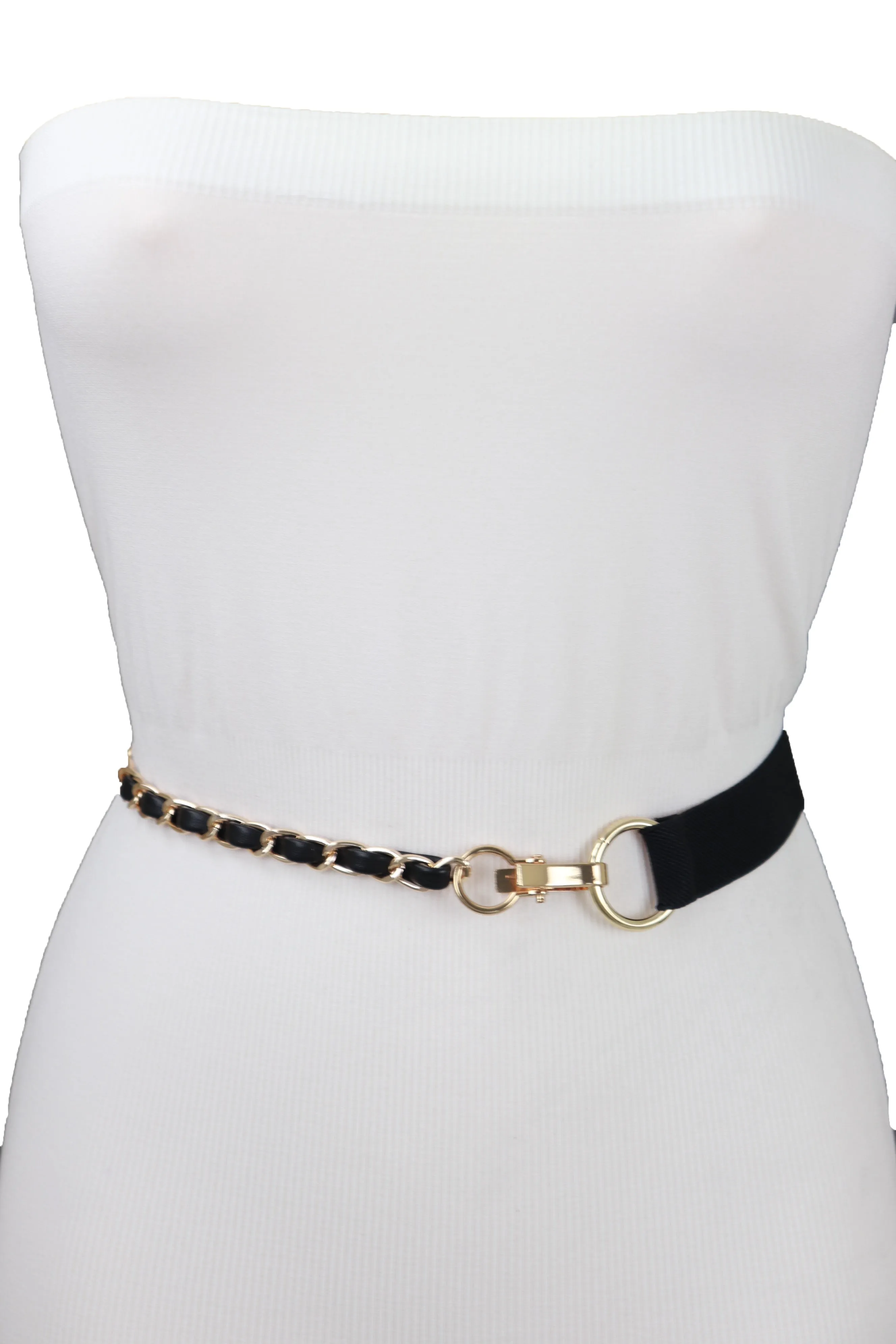 Black Elastic Band Belt Gold Metal Chain S M