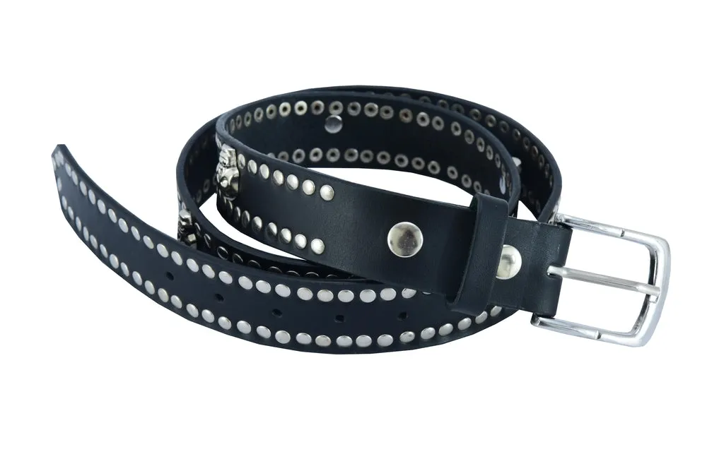 BLT2018 Black Leather Belt with Silver Studs and Skulls