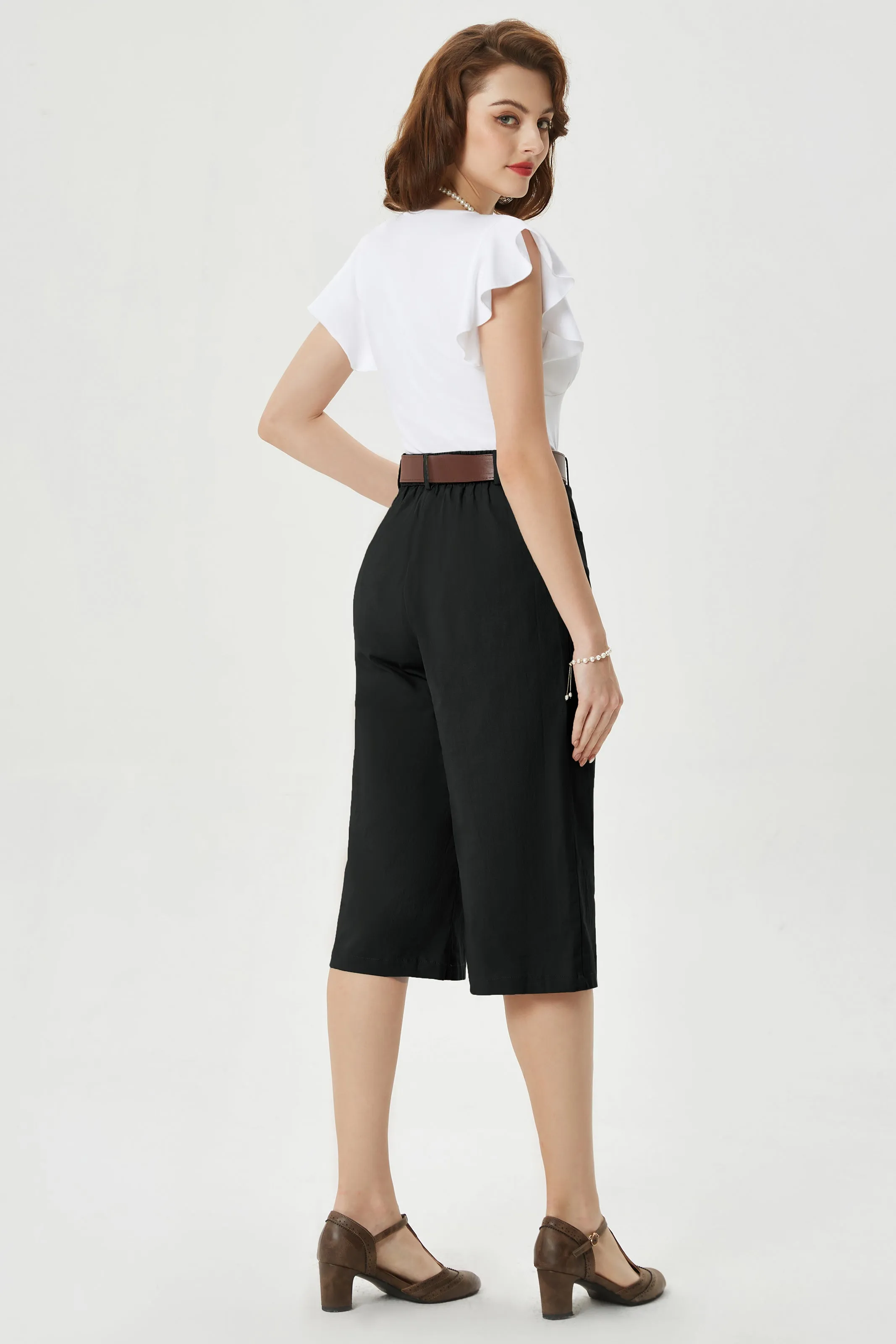 Casual Capris Summer High Wiasted Wide Leg Capris with Pockets & Belt