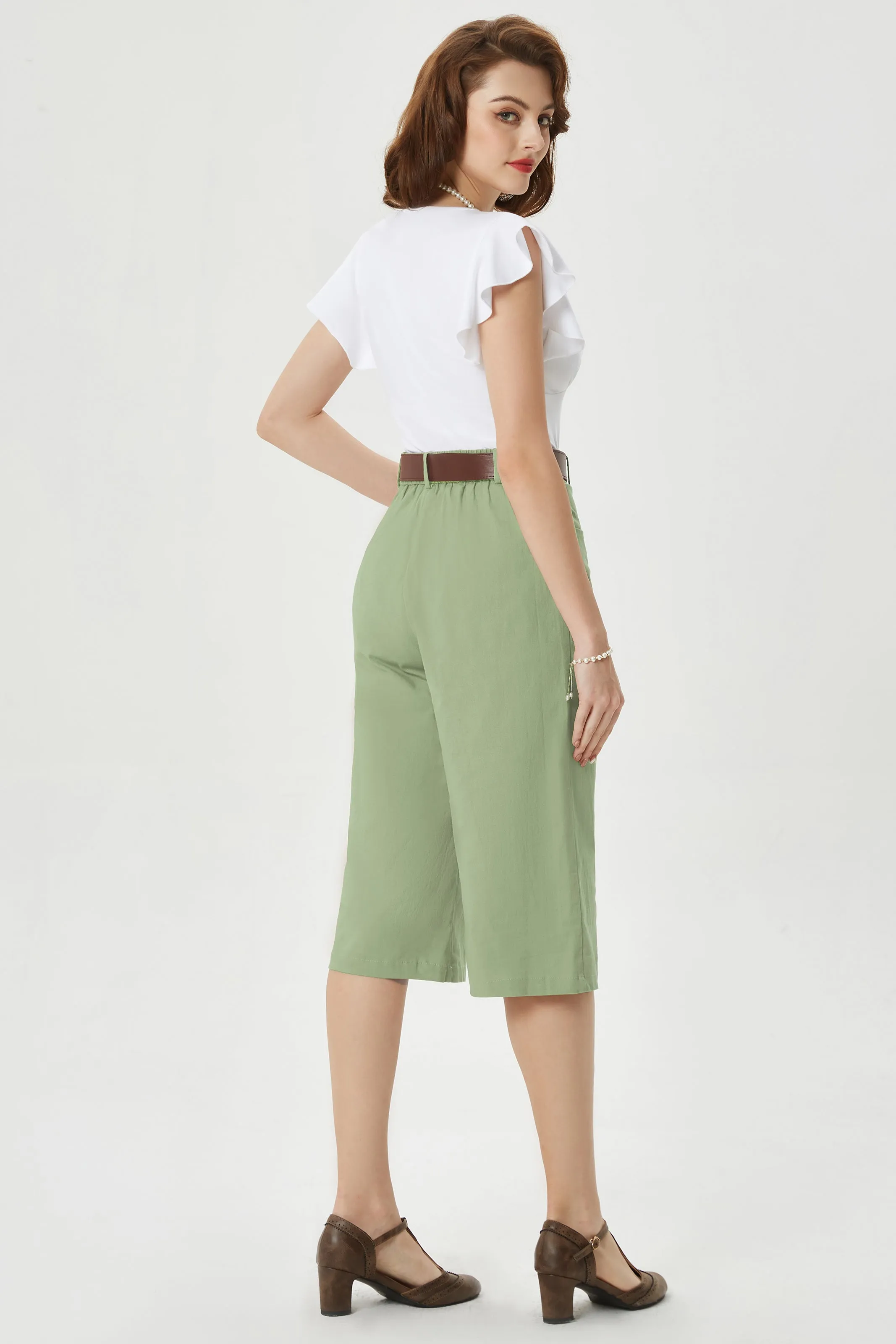 Casual Capris Summer High Wiasted Wide Leg Capris with Pockets & Belt