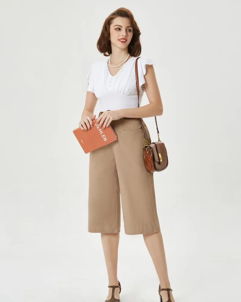 Casual Capris Summer High Wiasted Wide Leg Capris with Pockets & Belt