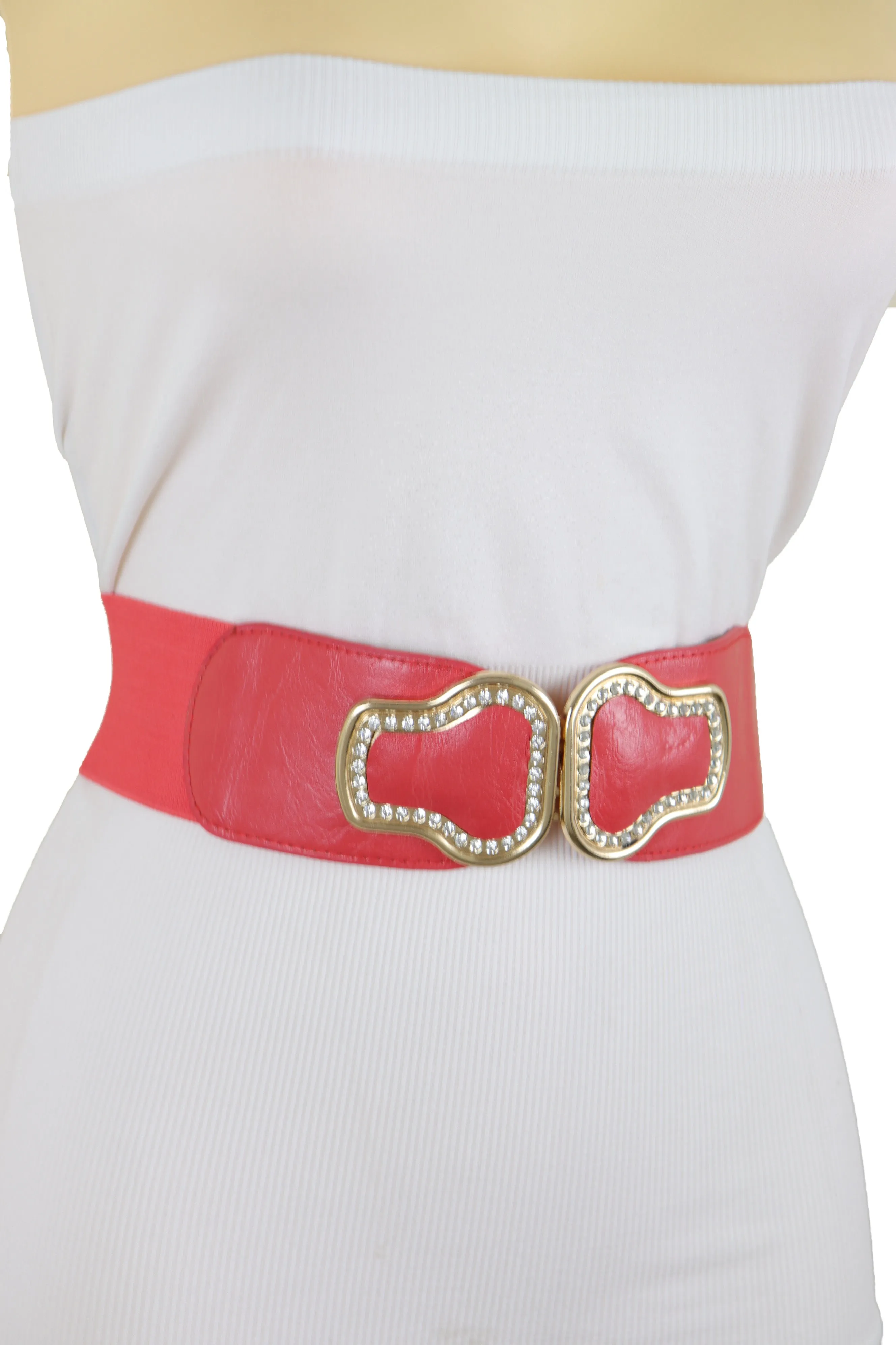 Coral Pink Elastic Band Belt Gold Buckle S M