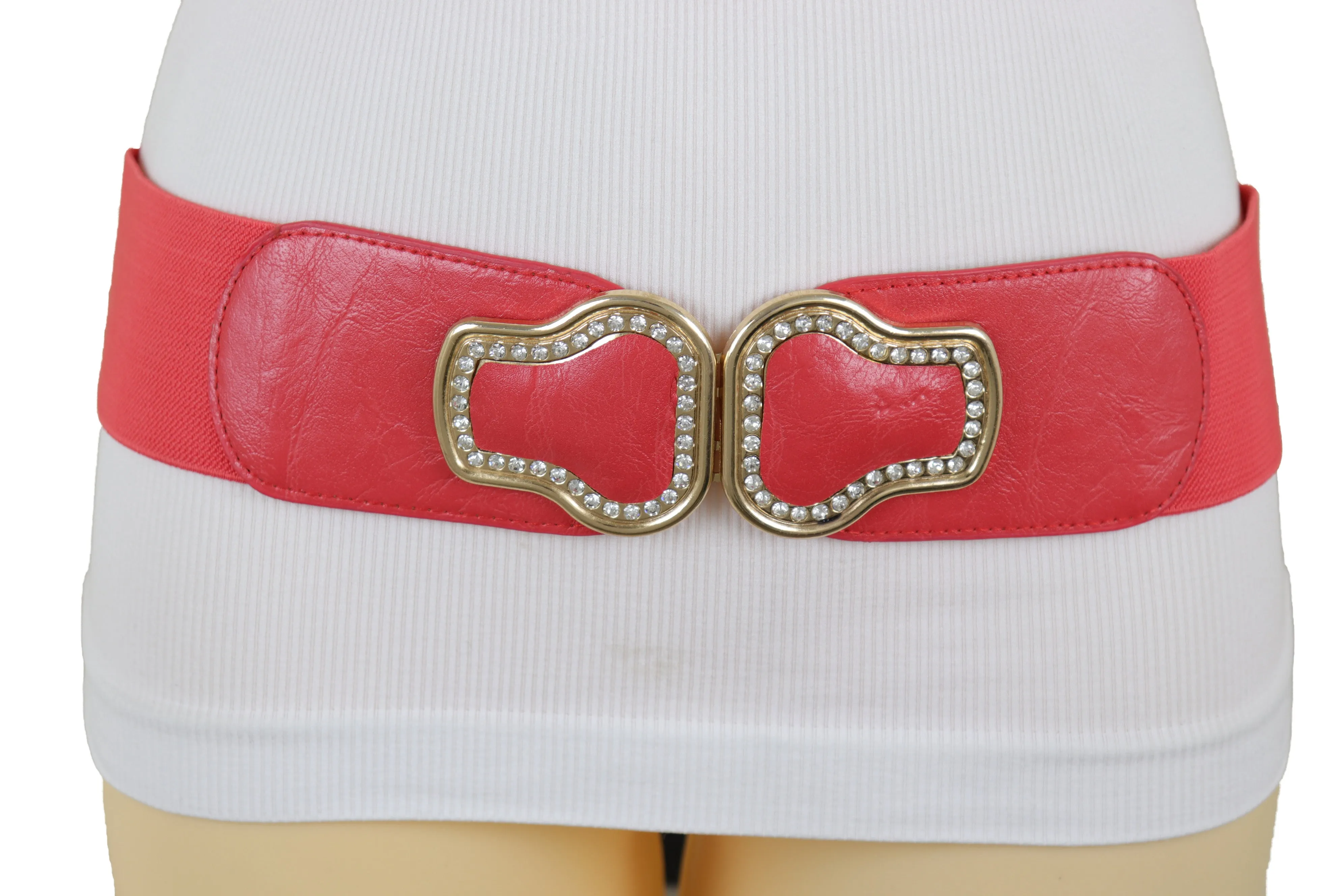 Coral Pink Elastic Band Belt Gold Buckle S M