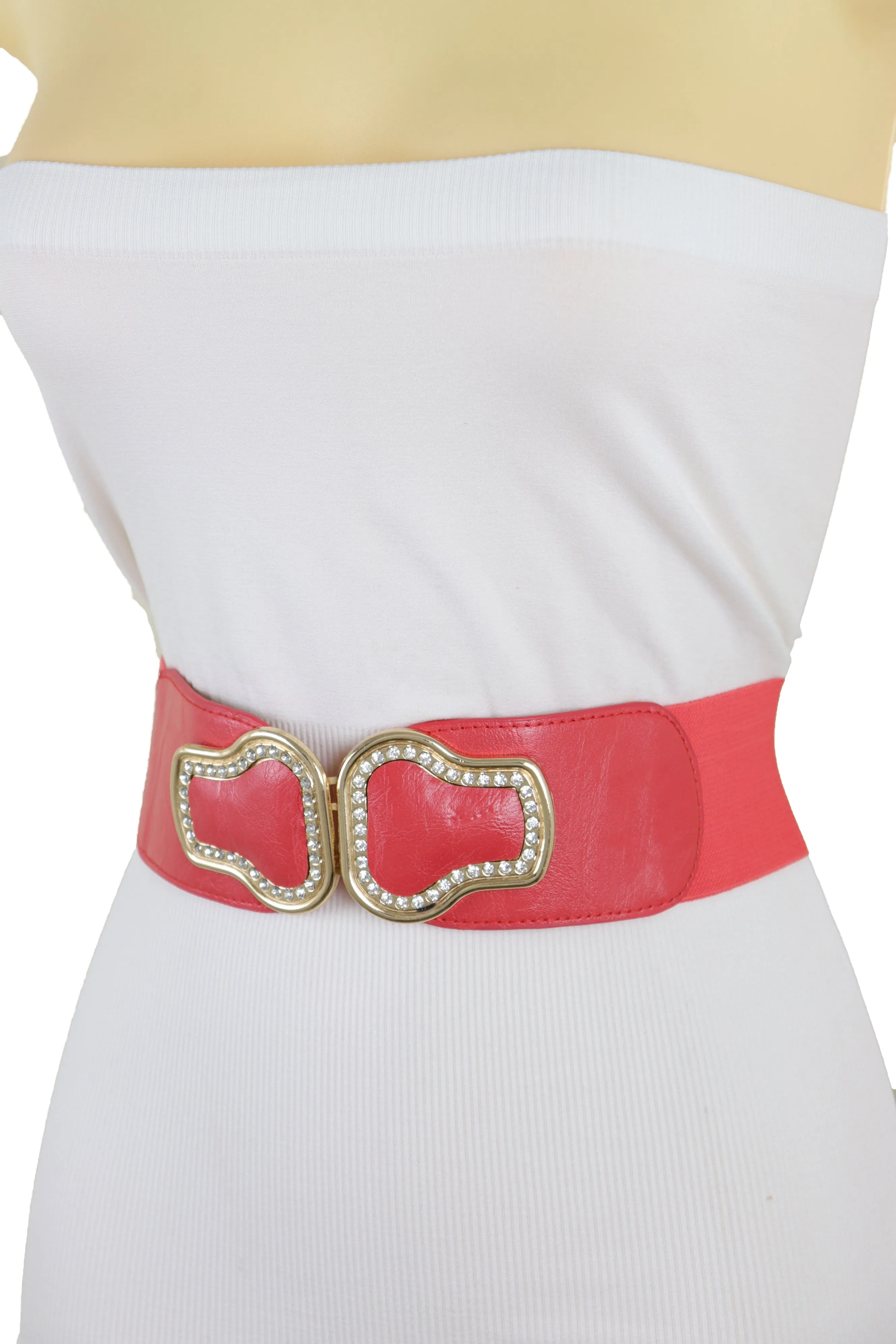 Coral Pink Elastic Band Belt Gold Buckle S M