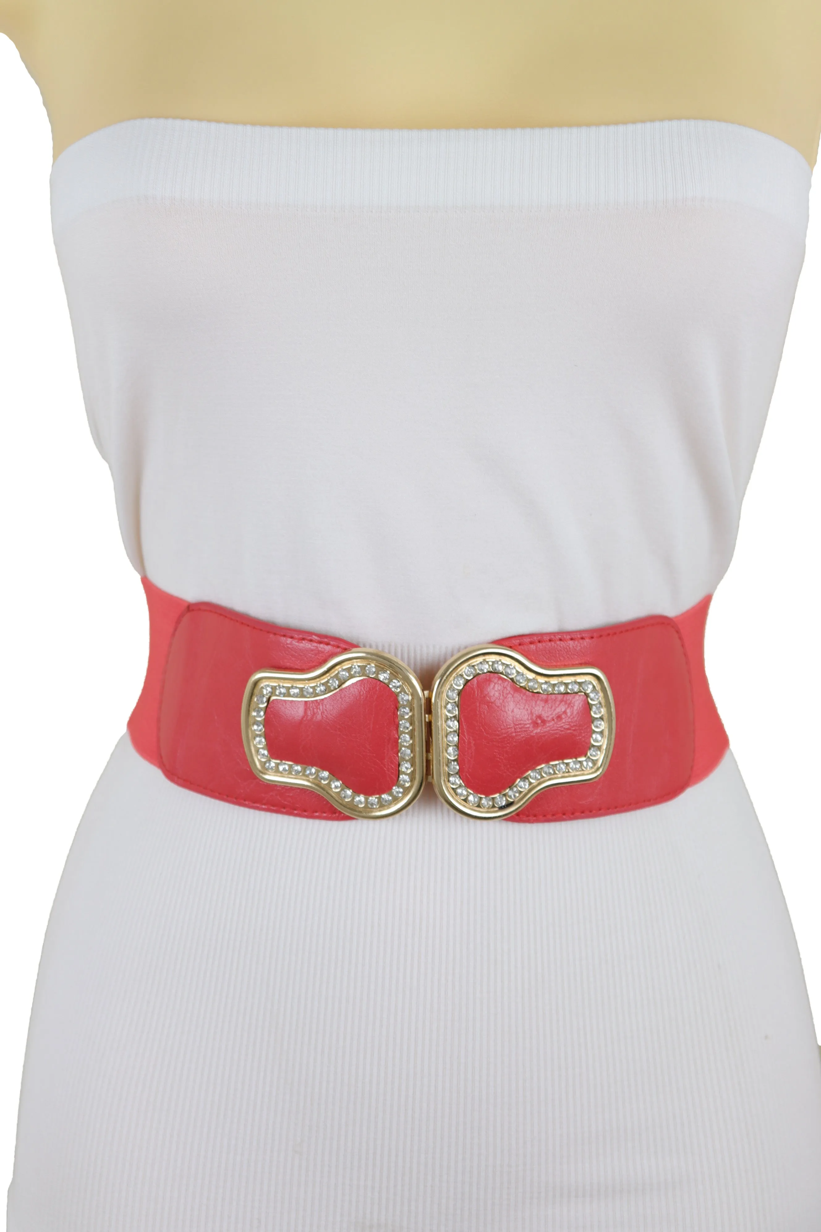 Coral Pink Elastic Band Belt Gold Buckle S M