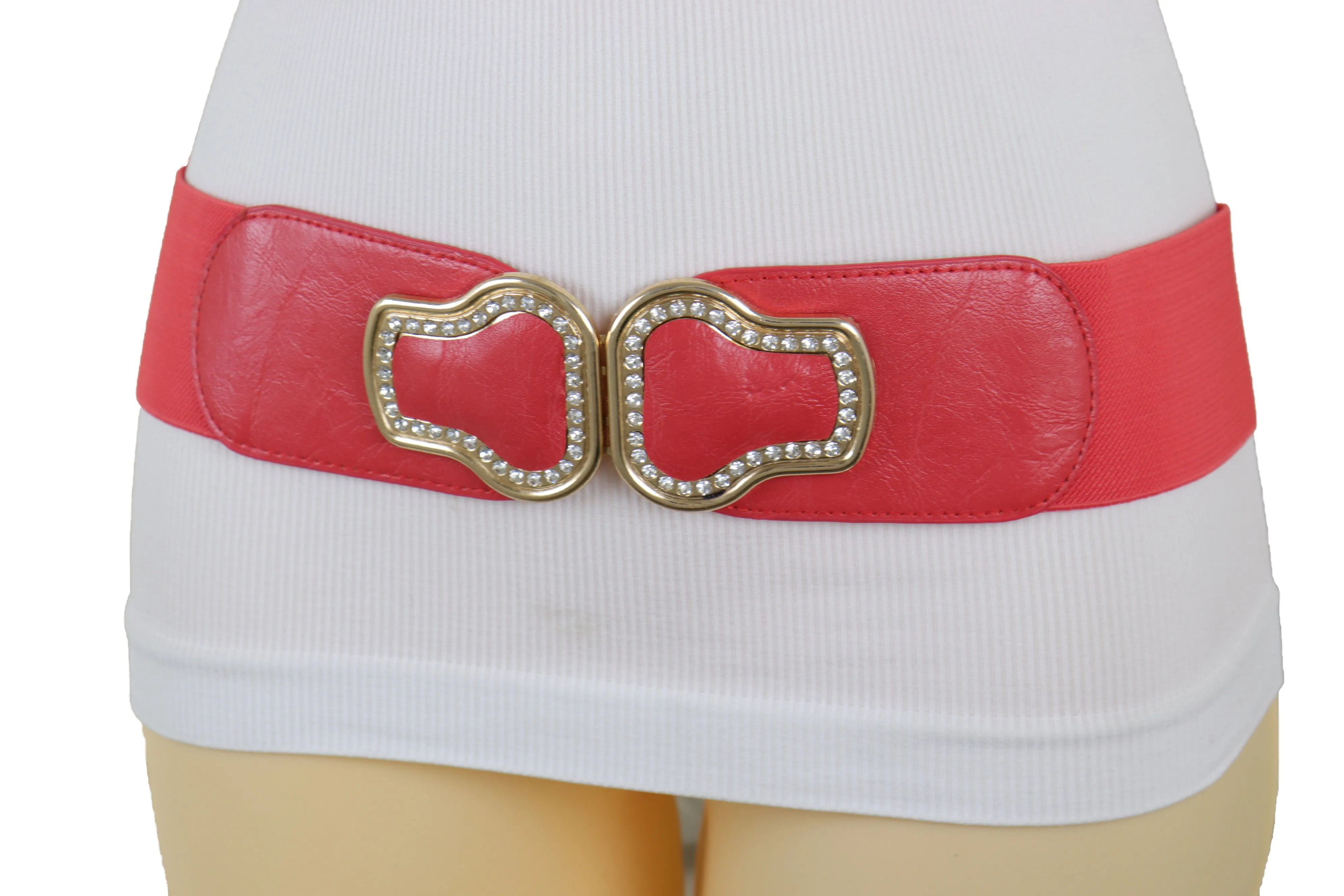 Coral Pink Elastic Band Belt Gold Buckle S M