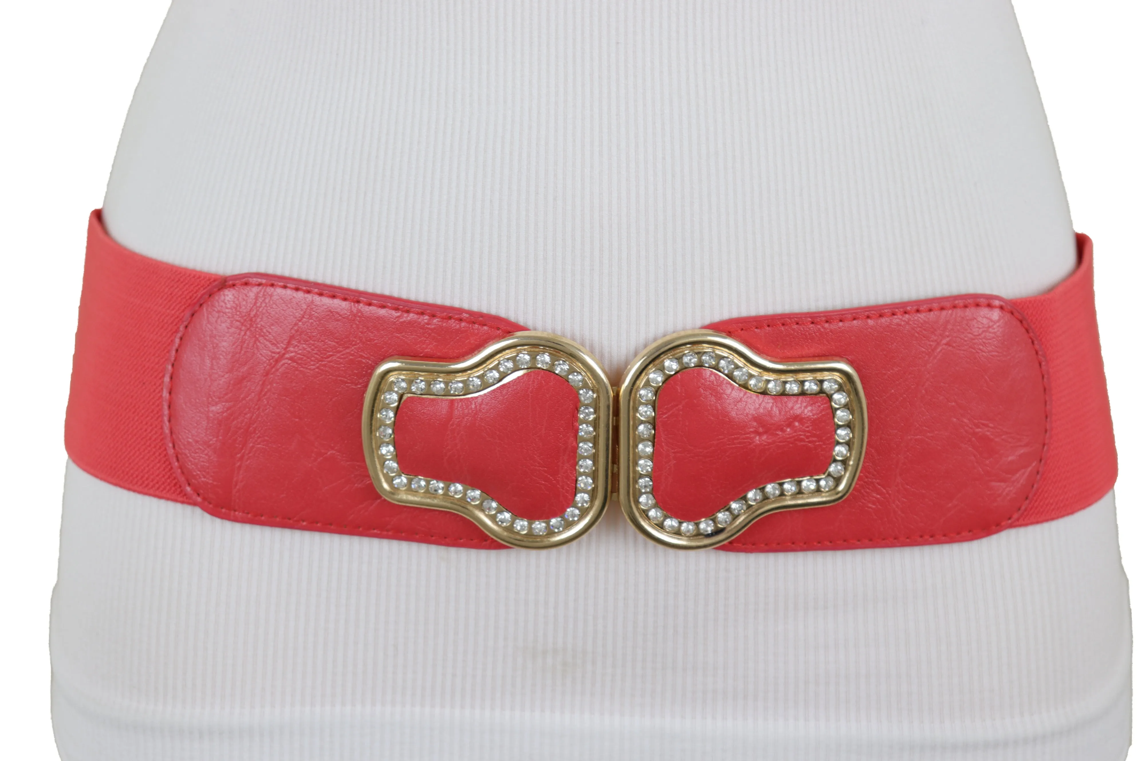 Coral Pink Elastic Band Belt Gold Buckle S M