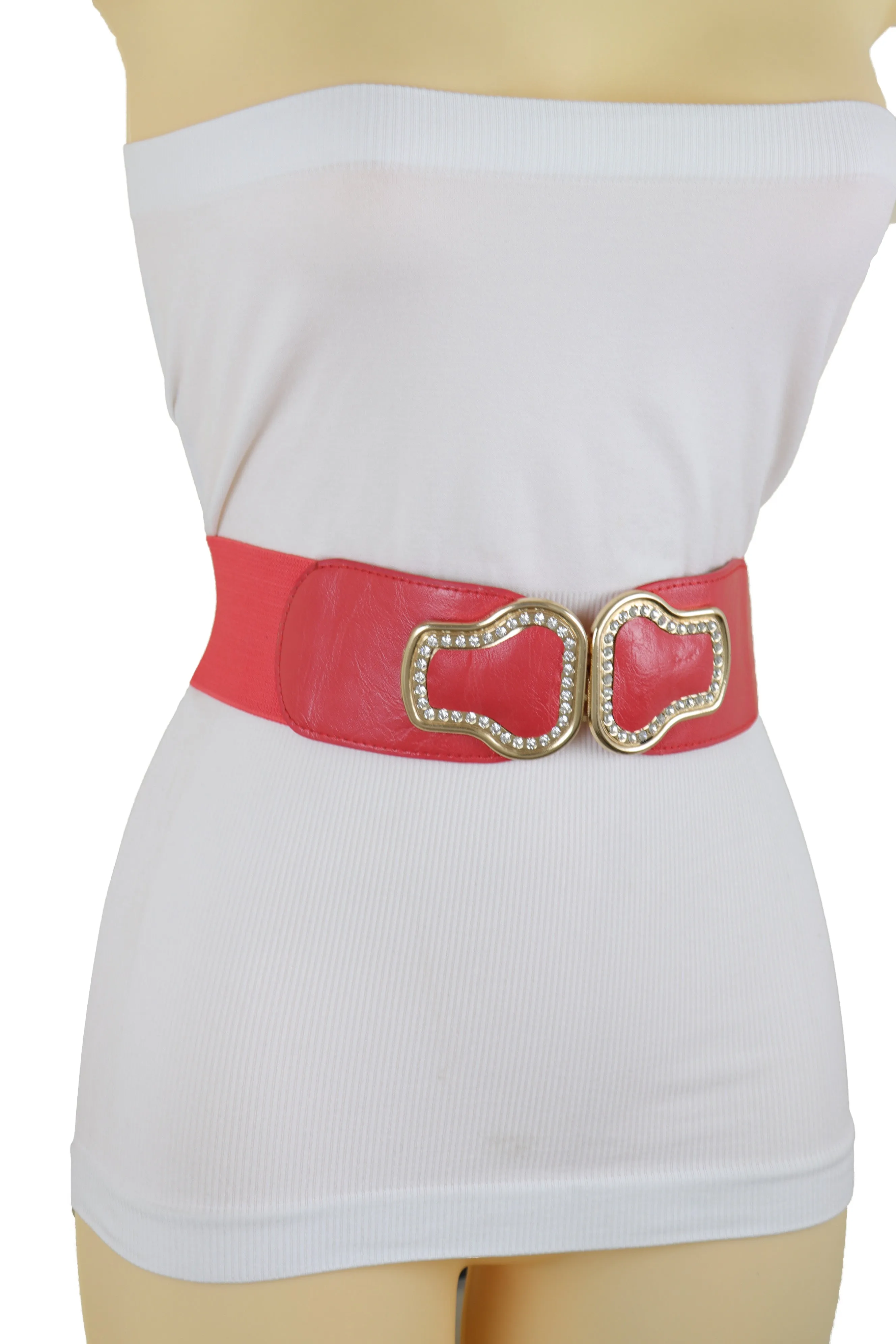 Coral Pink Elastic Band Belt Gold Buckle S M