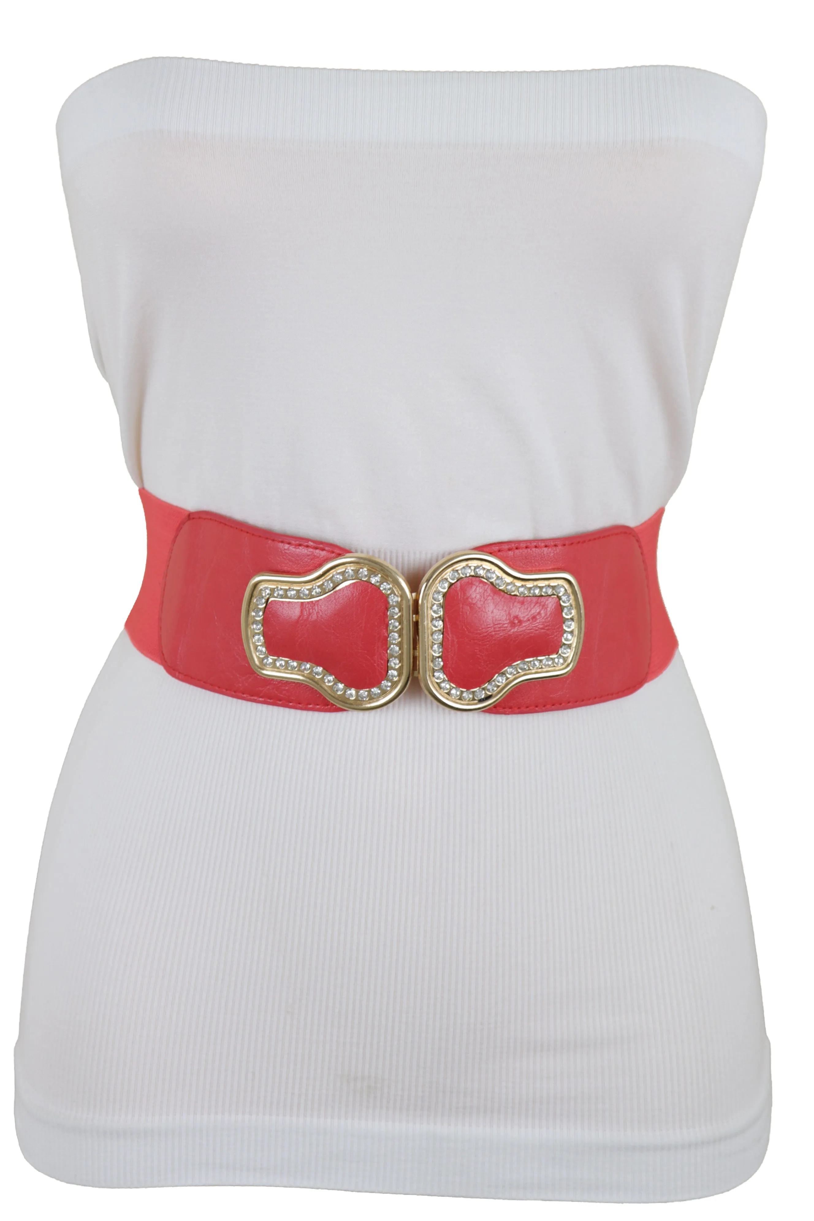 Coral Pink Elastic Band Belt Gold Buckle S M