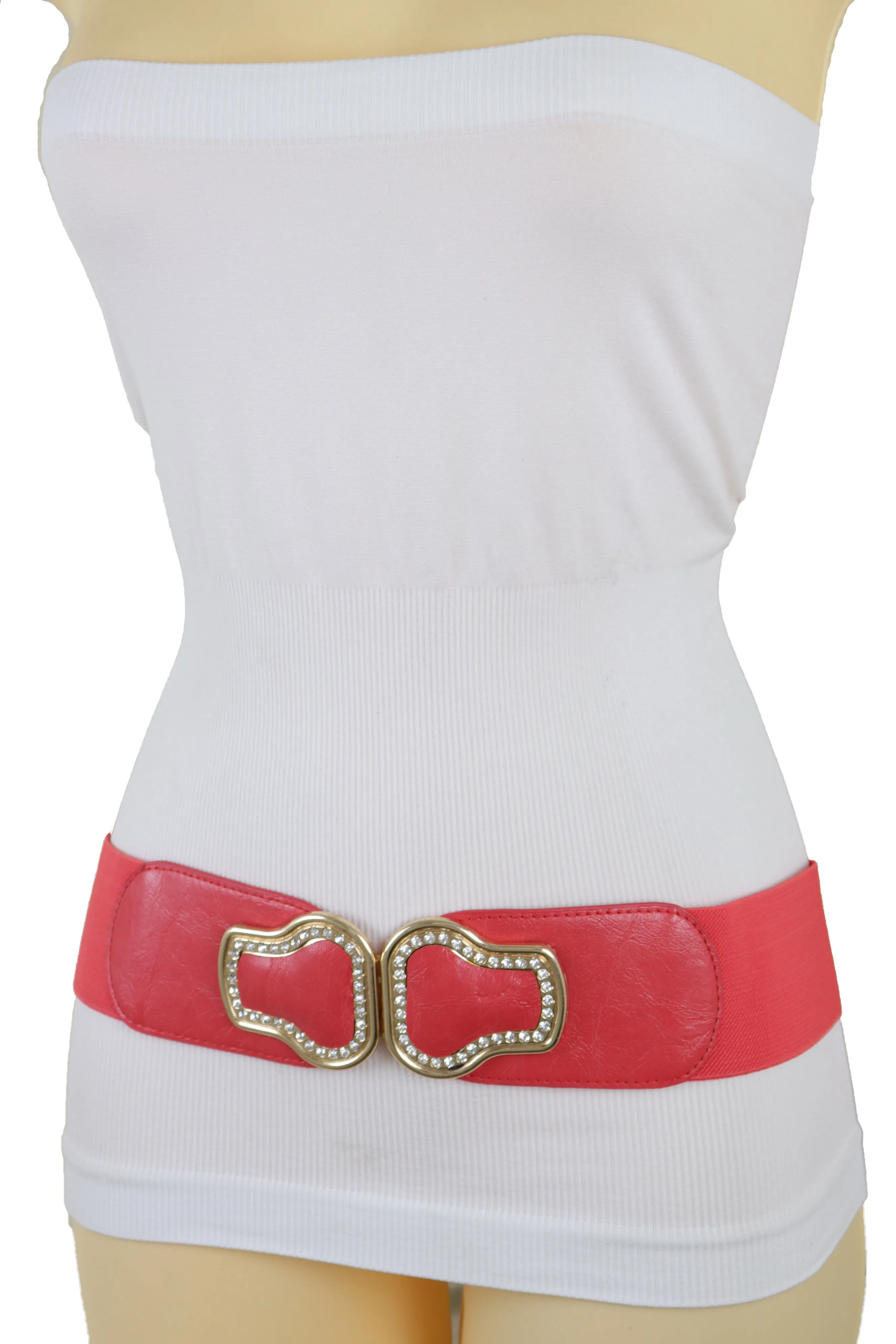 Coral Pink Elastic Band Belt Gold Buckle S M