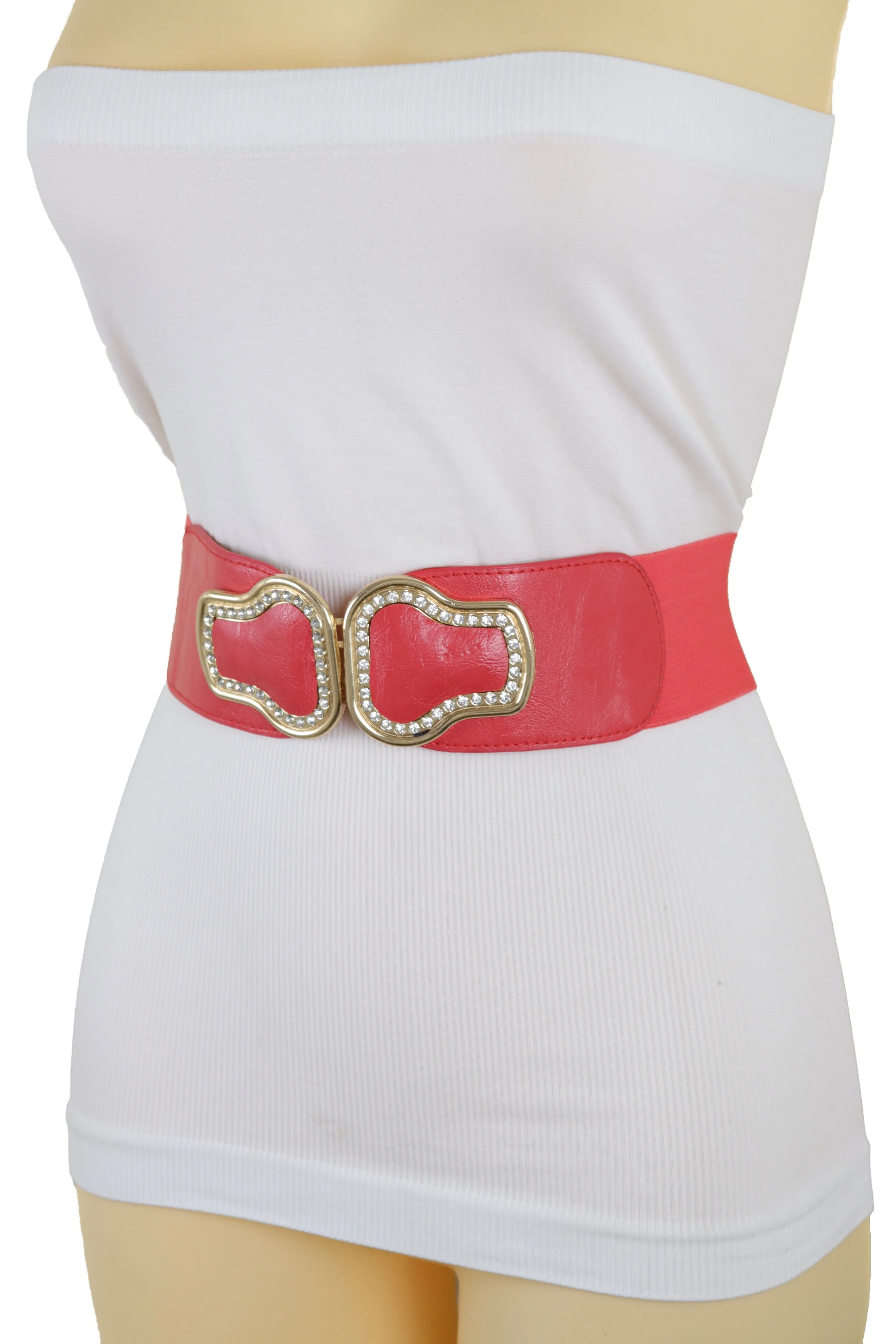 Coral Pink Elastic Band Belt Gold Buckle S M