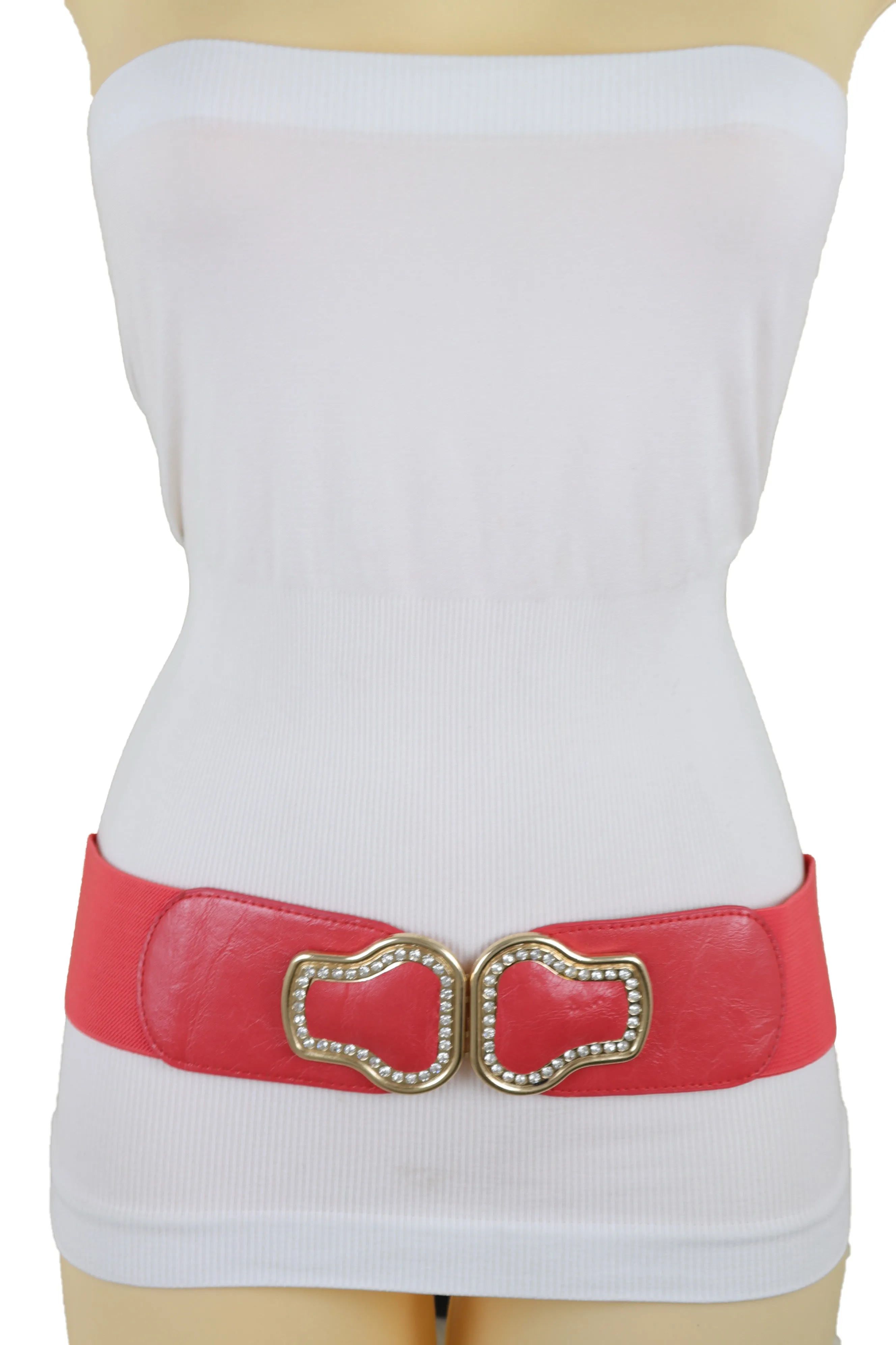 Coral Pink Elastic Band Belt Gold Buckle S M