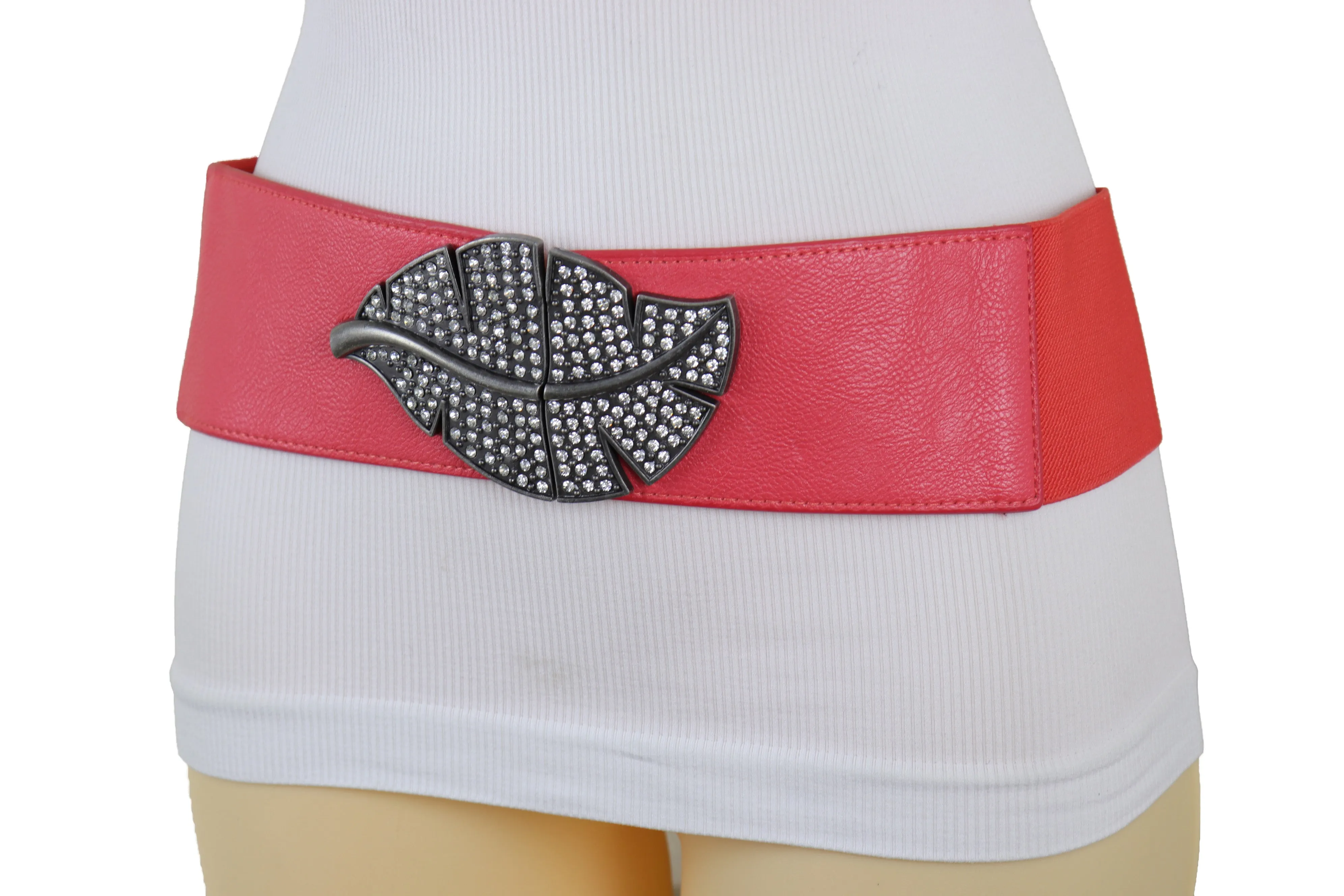 Coral Pink Elastic Waistband Fashion Belt Hip Waist Bling Leaf Buckle S M