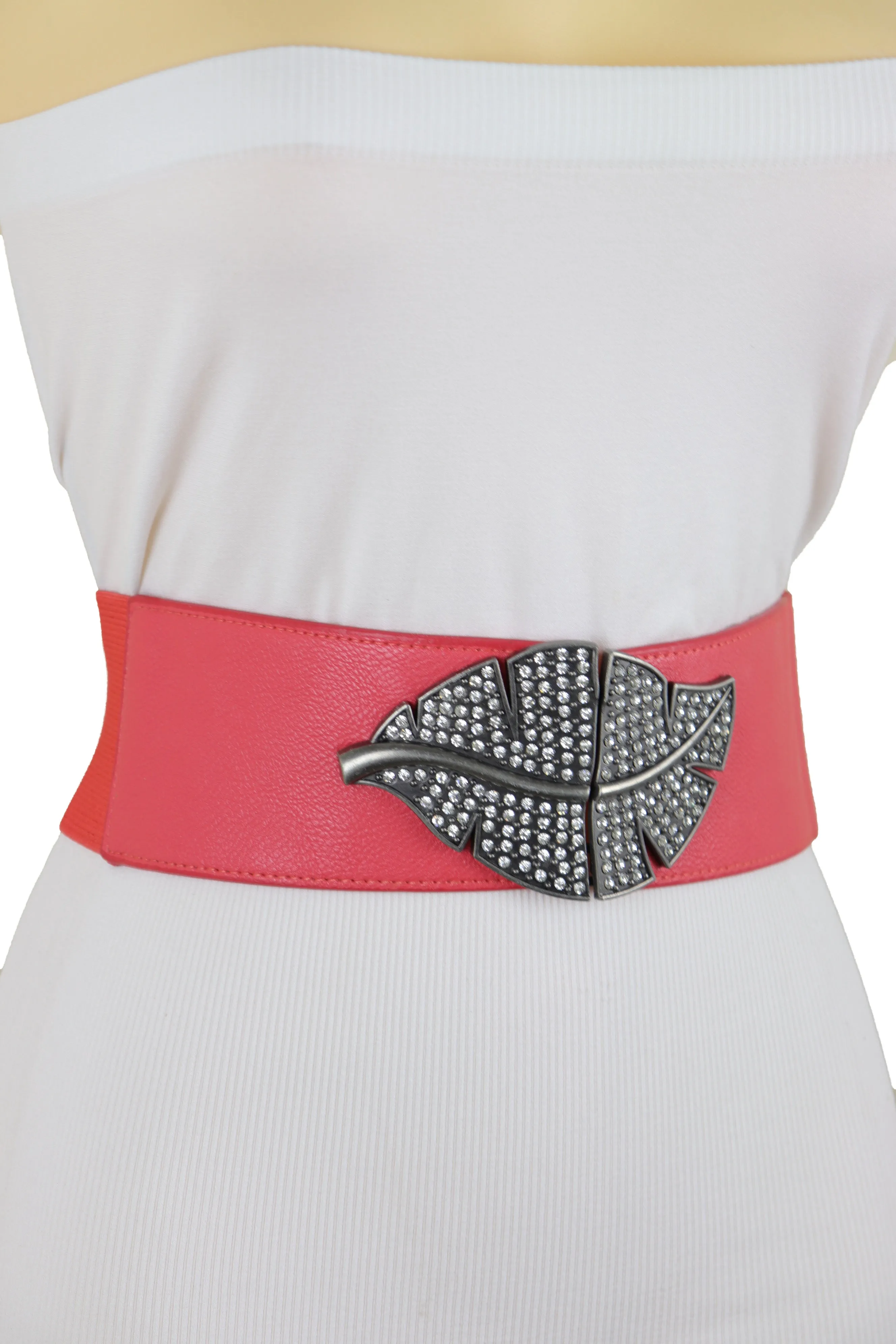 Coral Pink Elastic Waistband Fashion Belt Hip Waist Bling Leaf Buckle S M