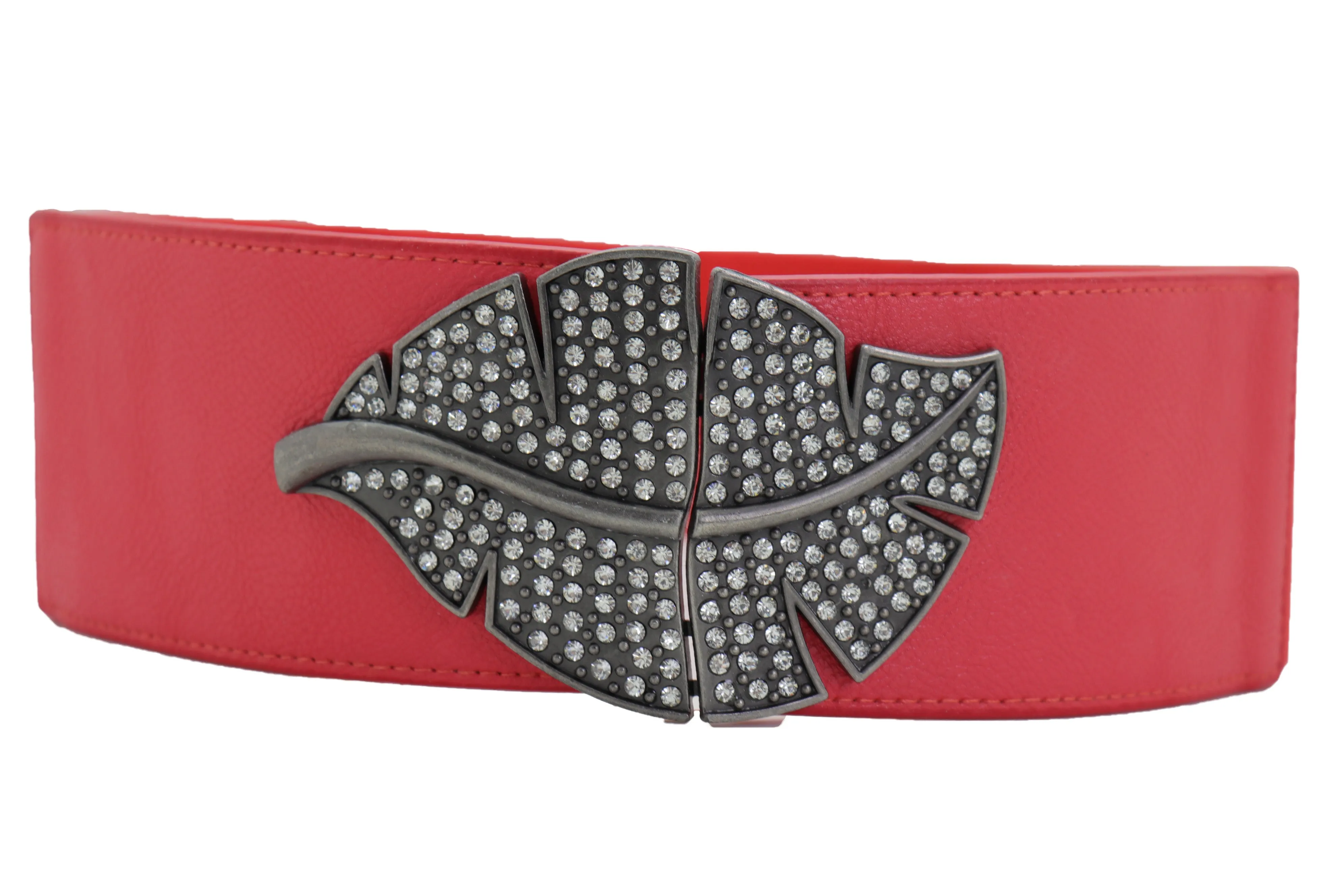 Coral Pink Elastic Waistband Fashion Belt Hip Waist Bling Leaf Buckle S M