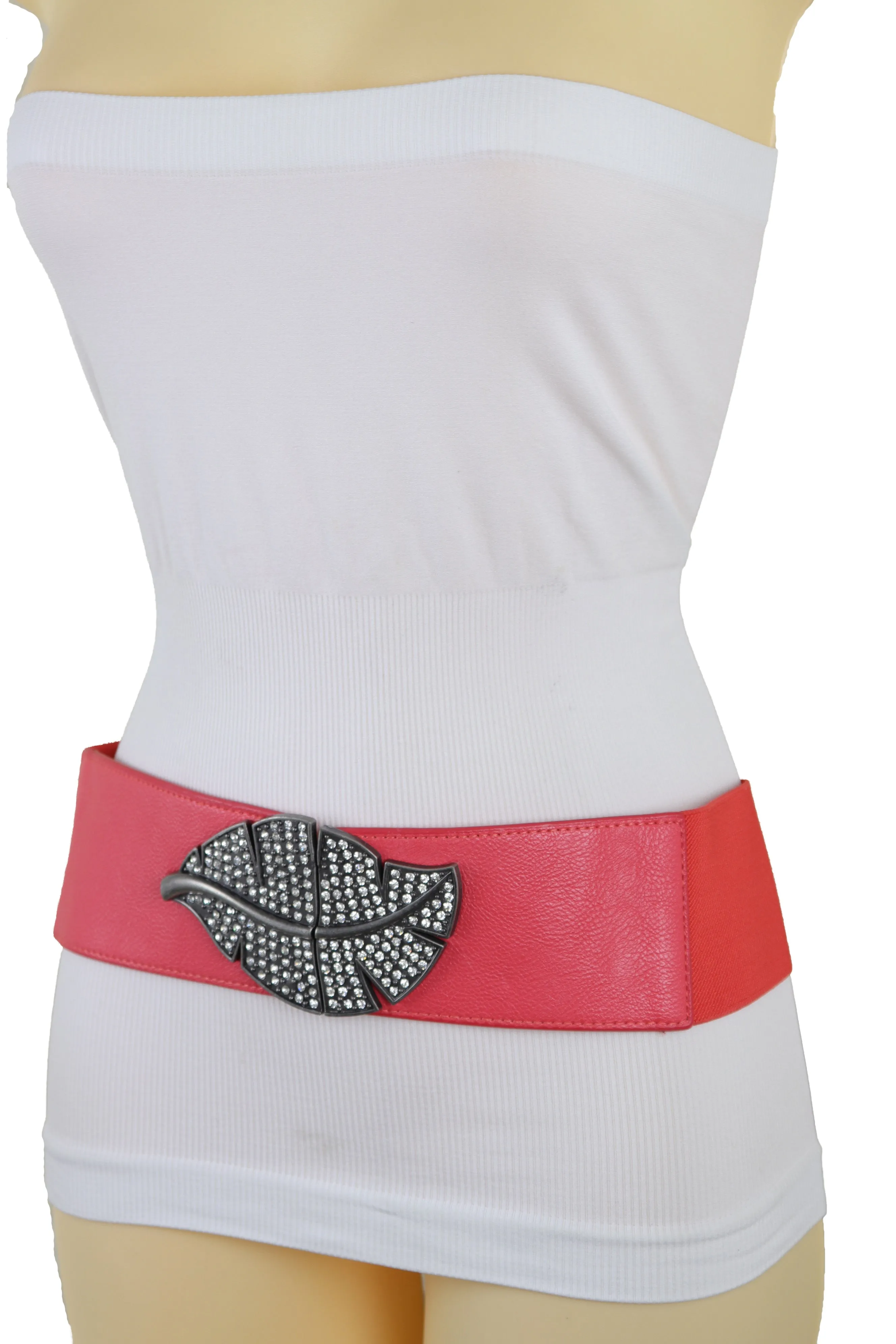 Coral Pink Elastic Waistband Fashion Belt Hip Waist Bling Leaf Buckle S M