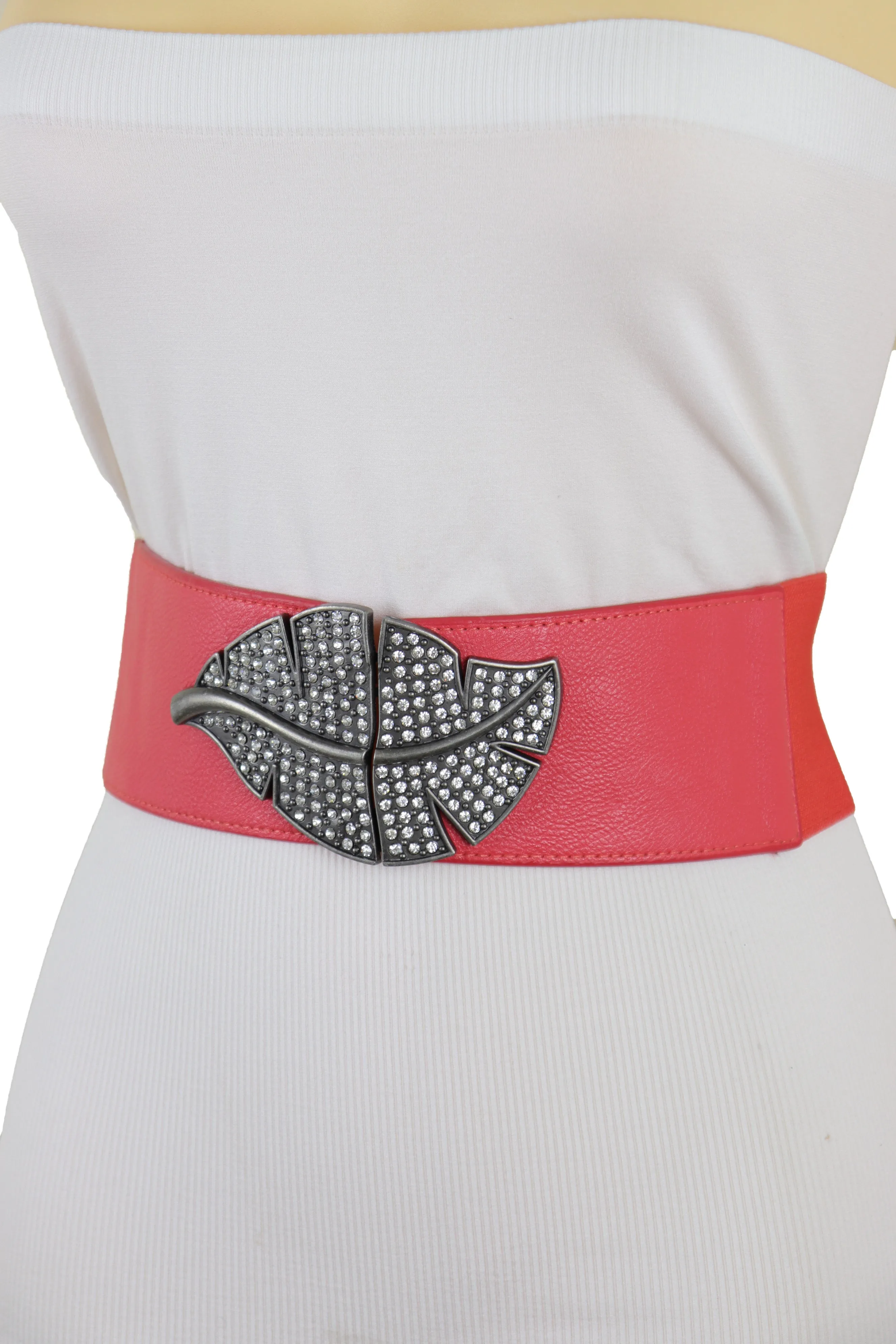 Coral Pink Elastic Waistband Fashion Belt Hip Waist Bling Leaf Buckle S M