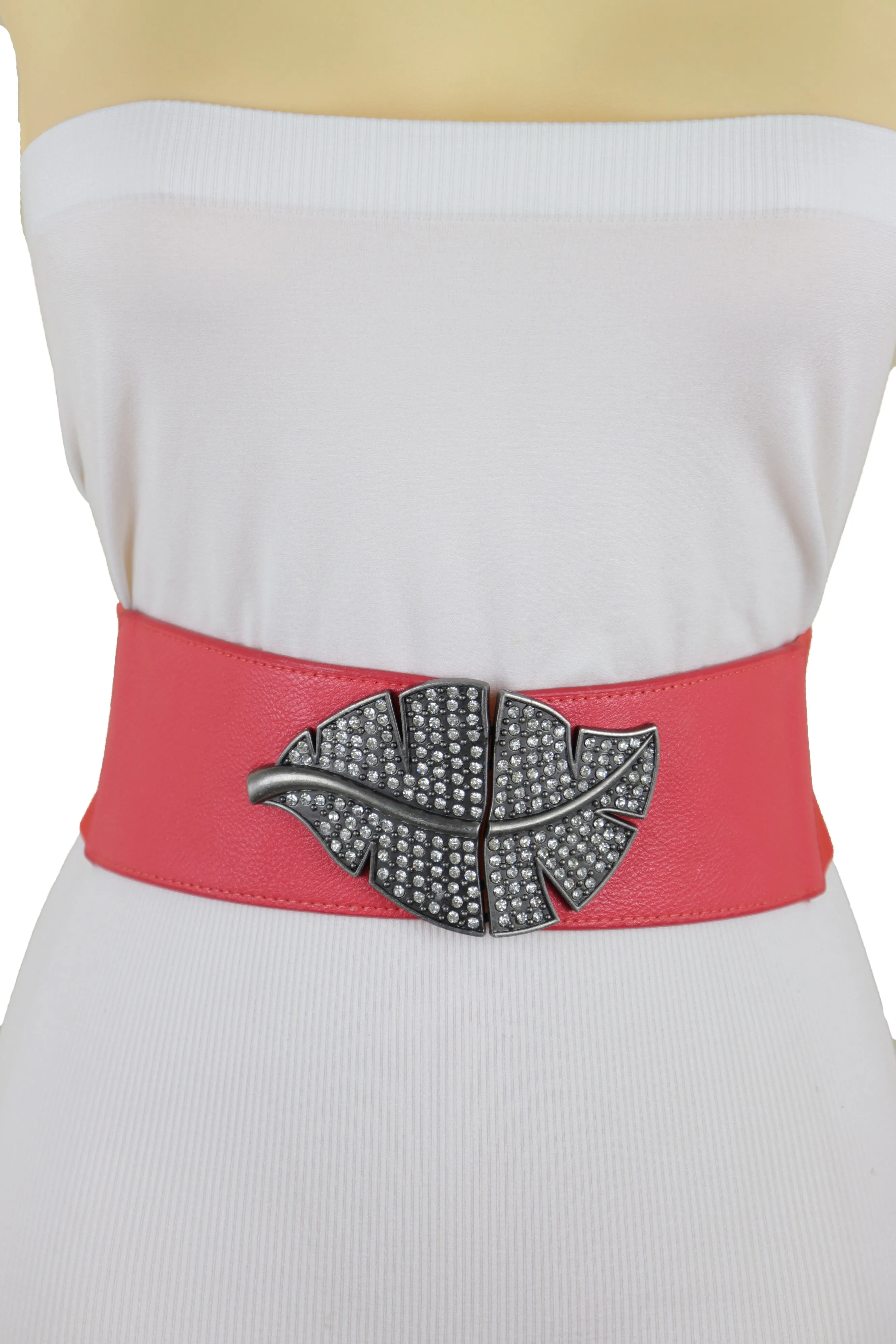 Coral Pink Elastic Waistband Fashion Belt Hip Waist Bling Leaf Buckle S M