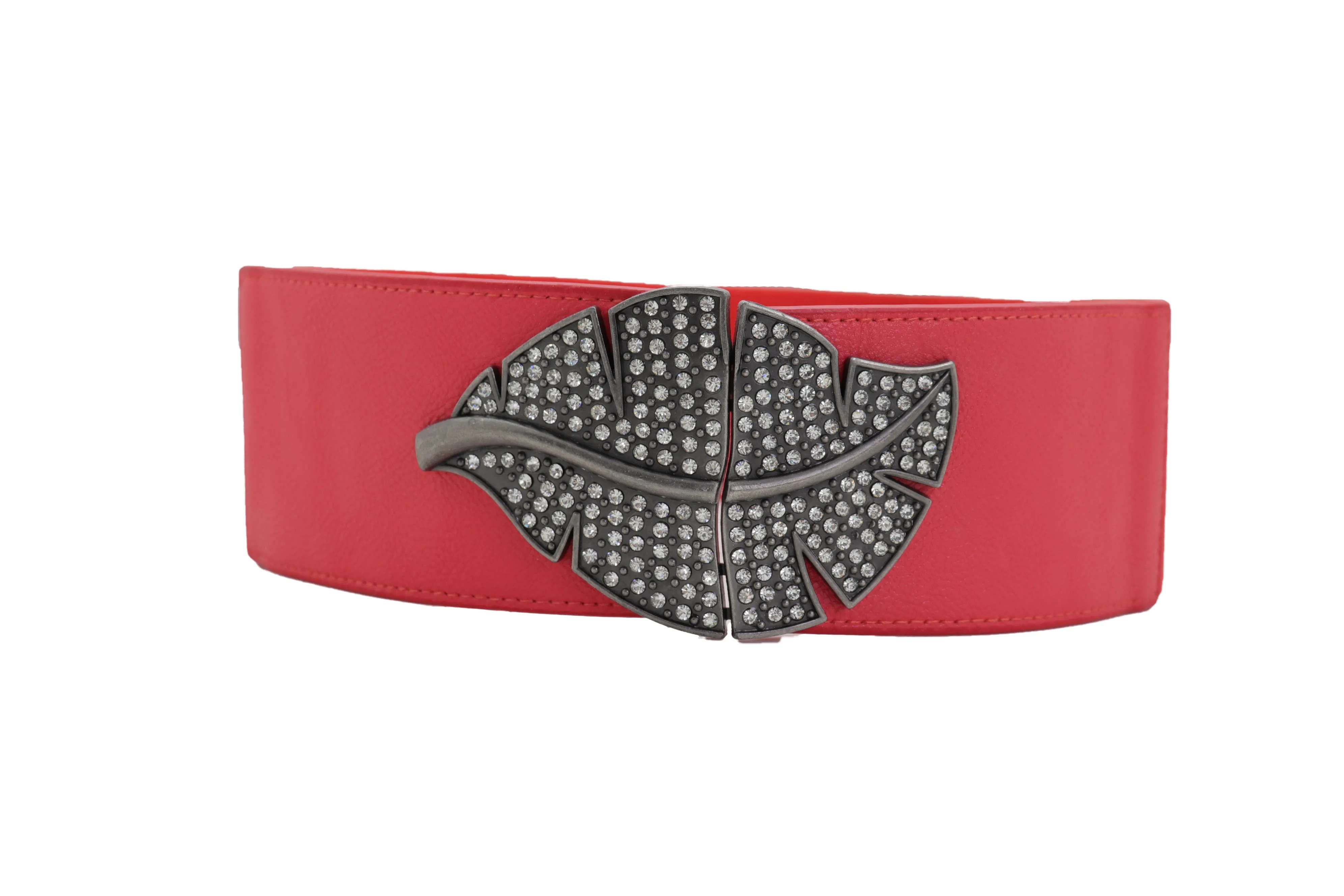 Coral Pink Elastic Waistband Fashion Belt Hip Waist Bling Leaf Buckle S M