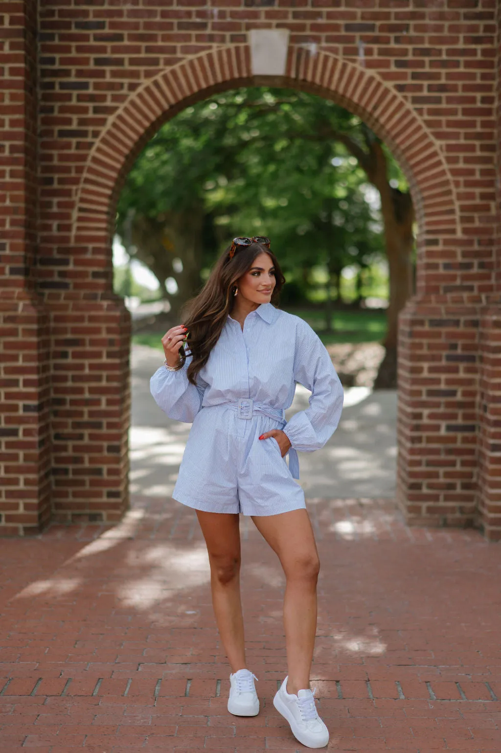 Cullen Belted Romper-Sky Blue