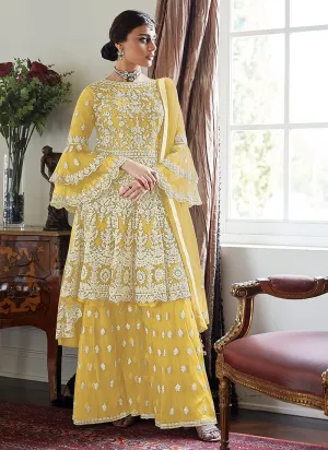 Cute Yellow Trendy Bell Sleeved Embroidered Sharara