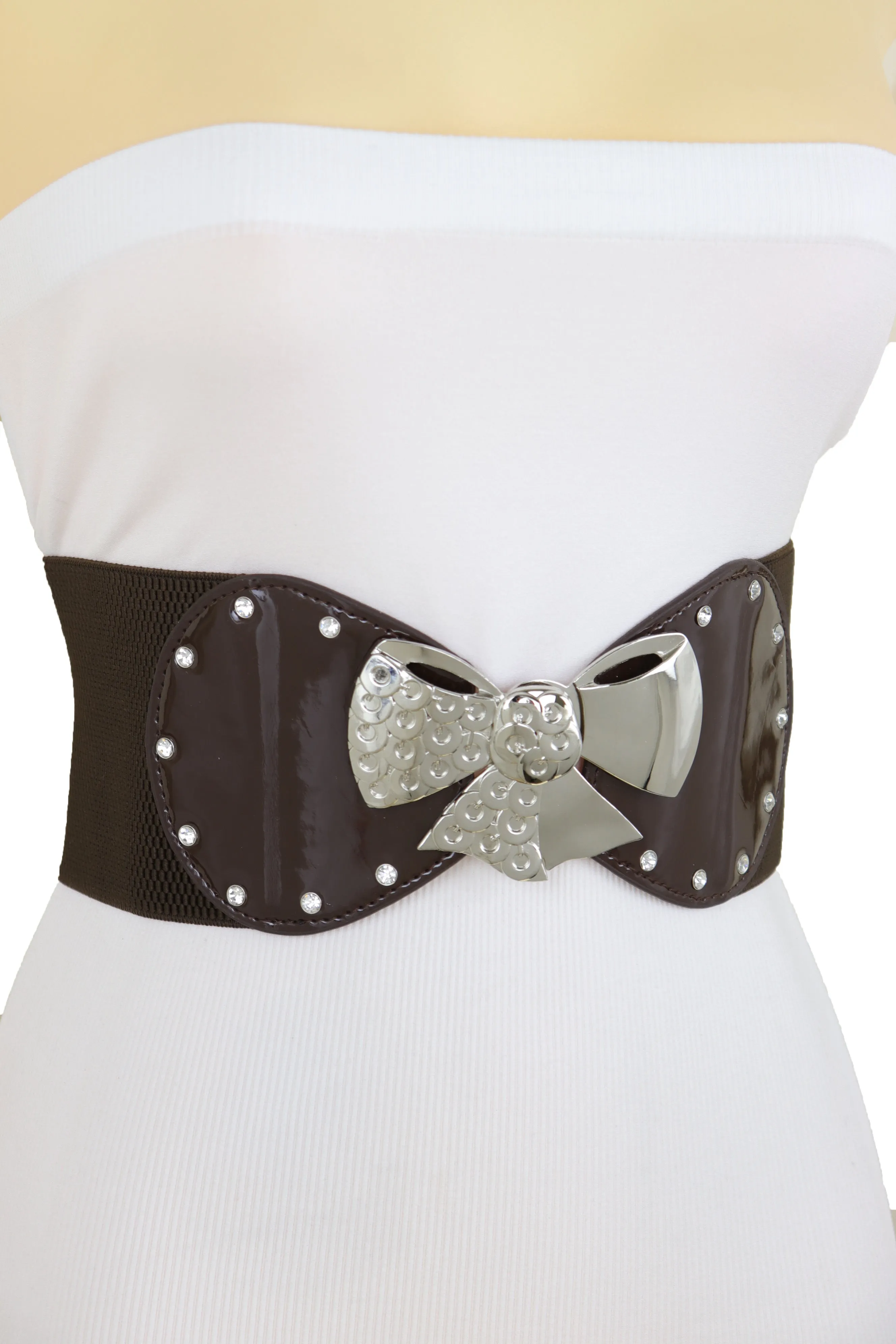 Dark Brown Wide Fashion Belt Silver Metal Bow Tie Ribbon Buckle Size S M