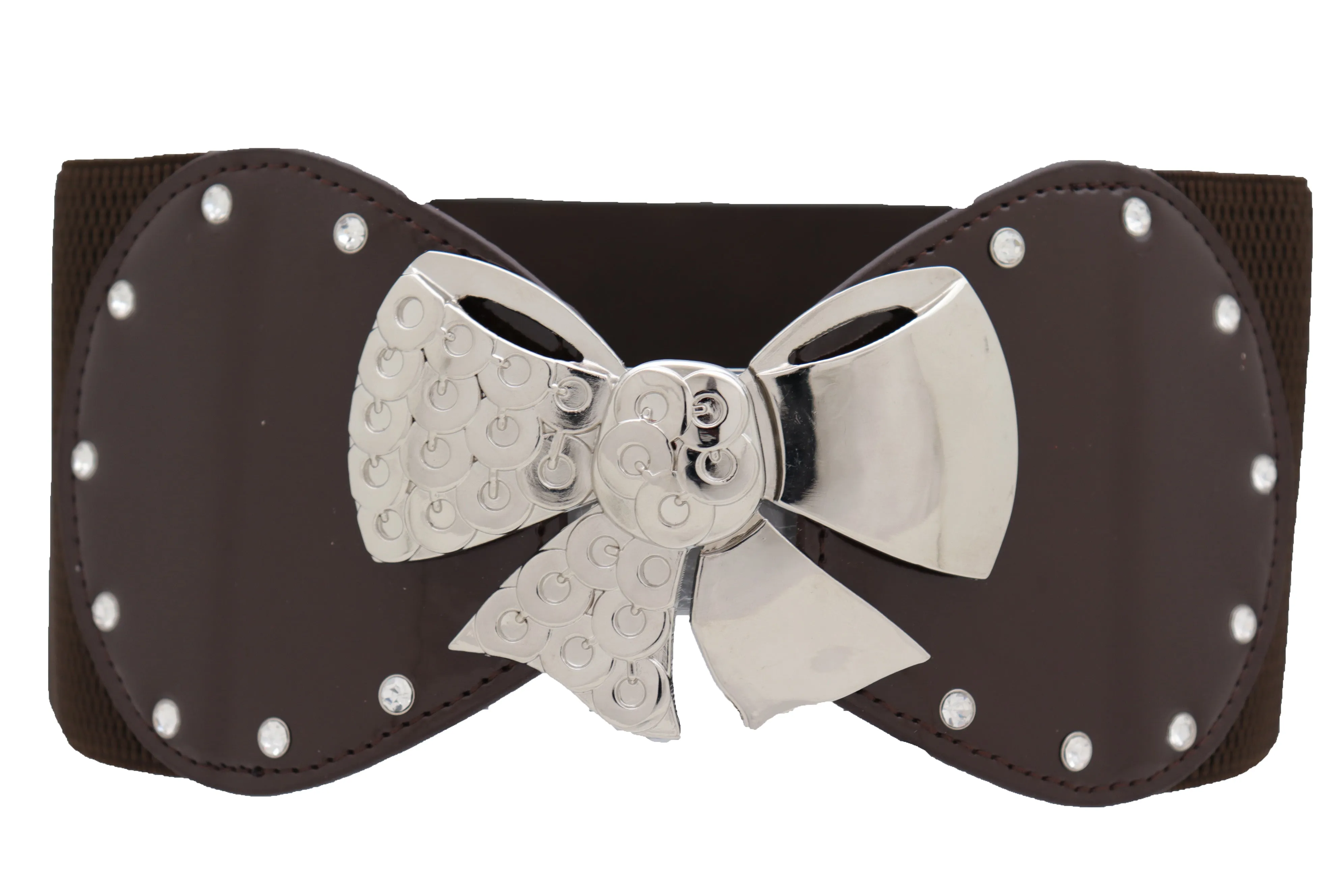 Dark Brown Wide Fashion Belt Silver Metal Bow Tie Ribbon Buckle Size S M