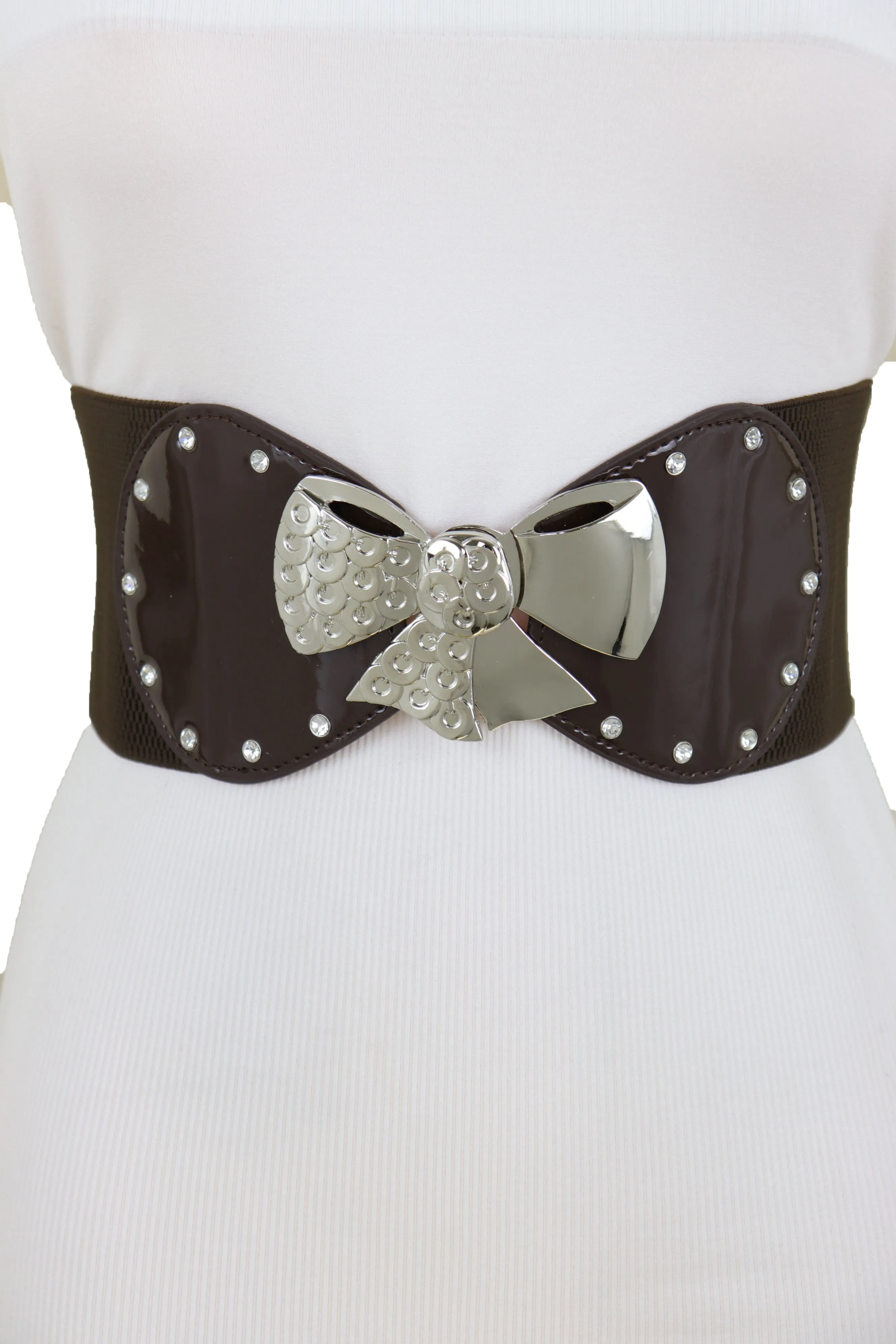 Dark Brown Wide Fashion Belt Silver Metal Bow Tie Ribbon Buckle Size S M